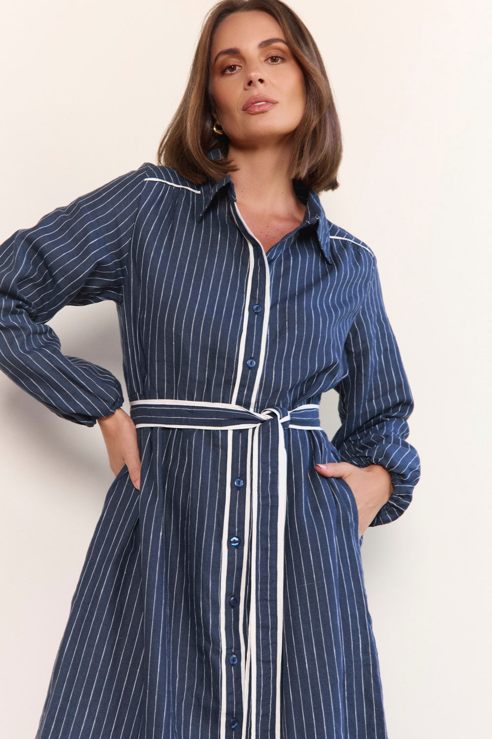 Ginette Collared Linen Dress in Pinstripe