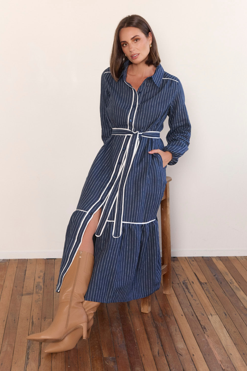 Ginette Collared Linen Dress in Pinstripe