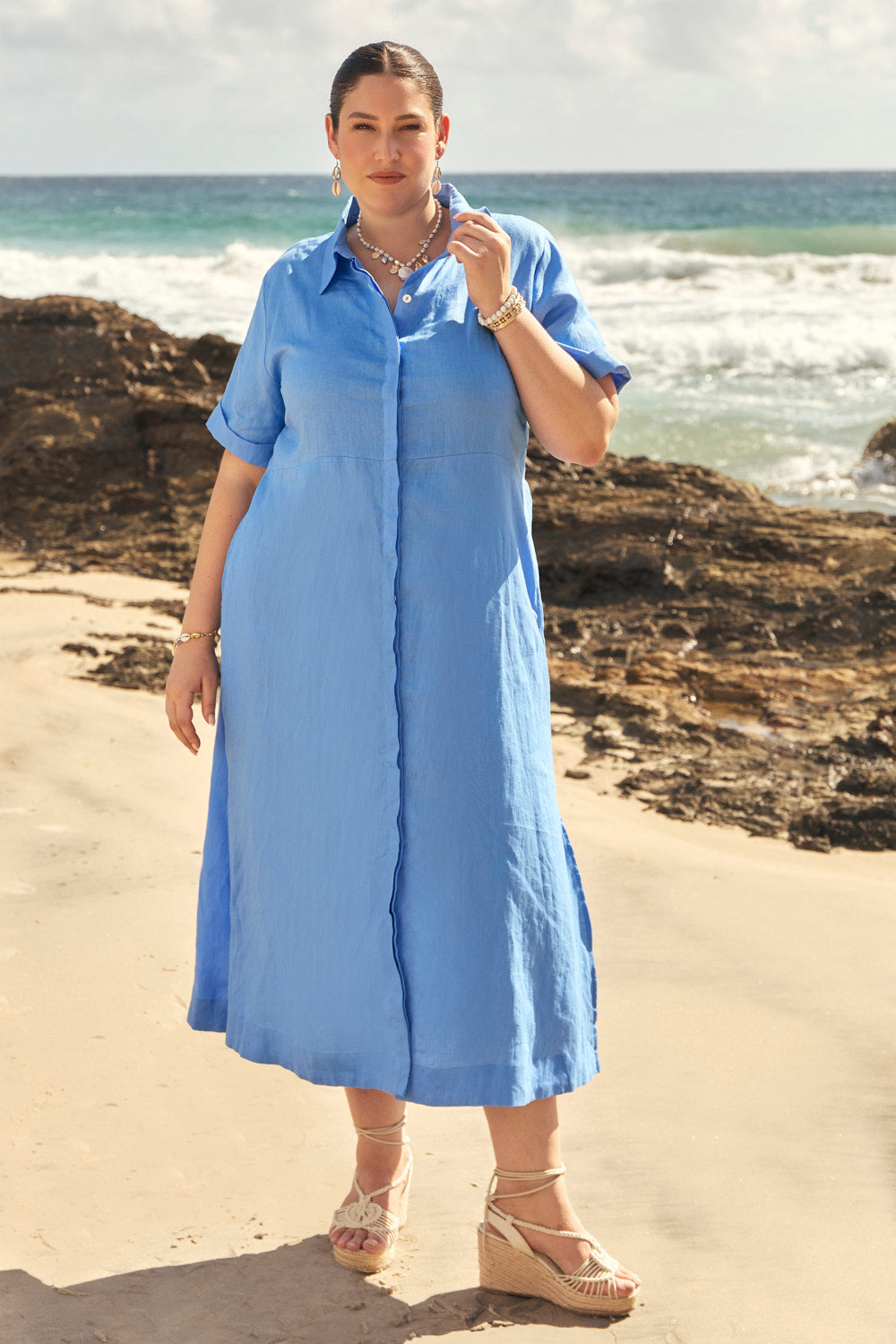 Gracie Linen Shirt Dress in Sky Blue