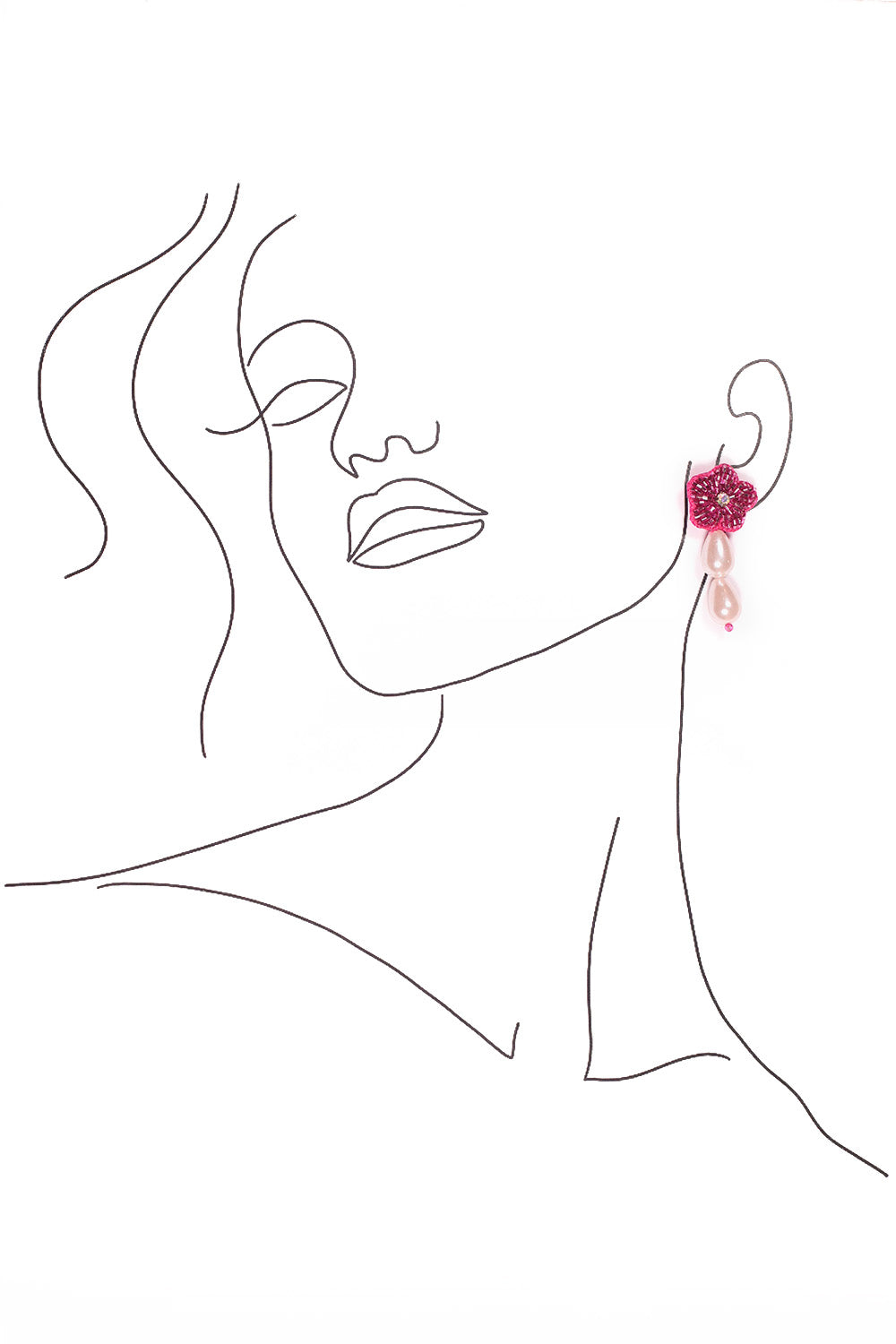 Hanging Beaded Flower Studs in Hot Pink