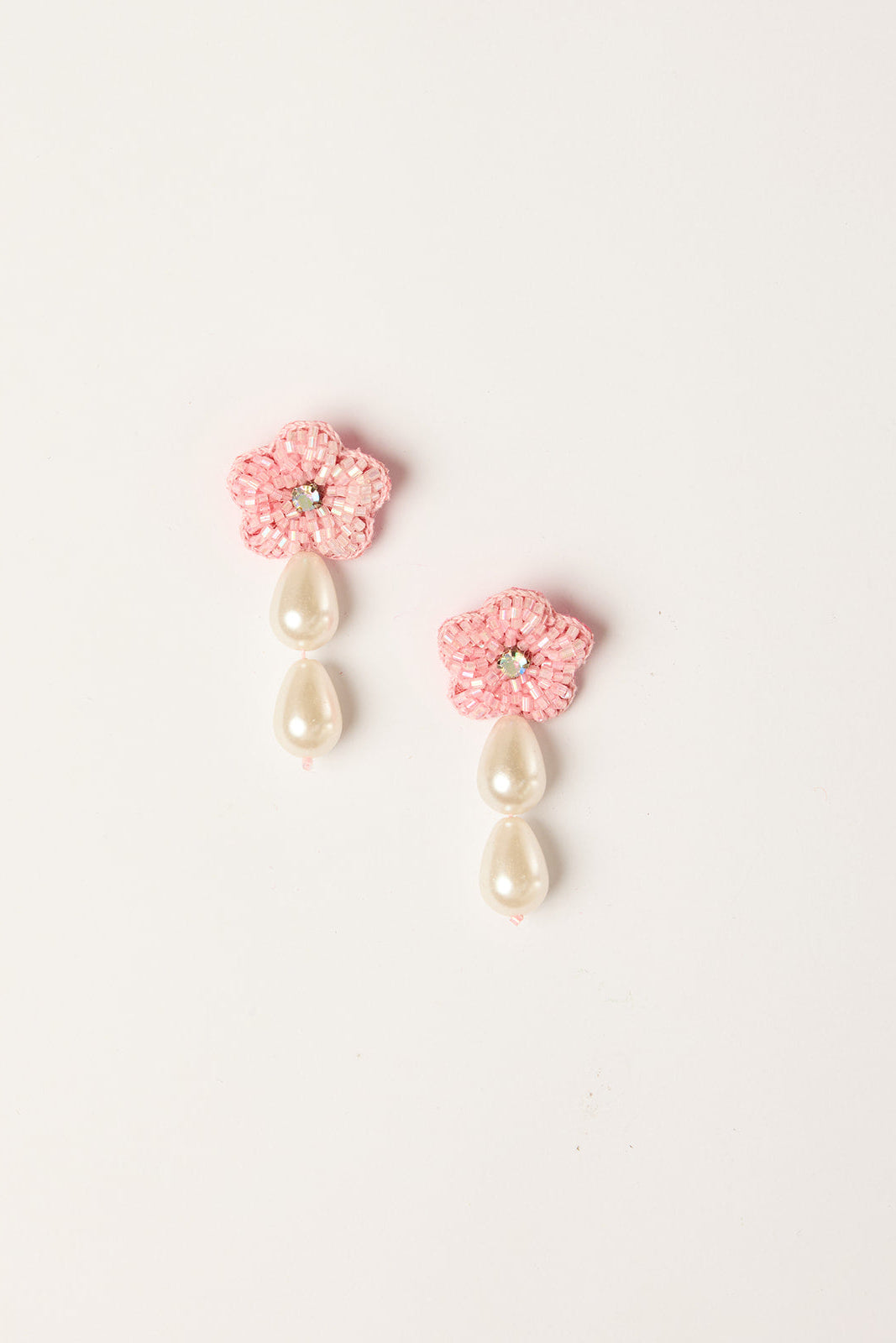 Hanging Beaded Flower Studs in Light Pink