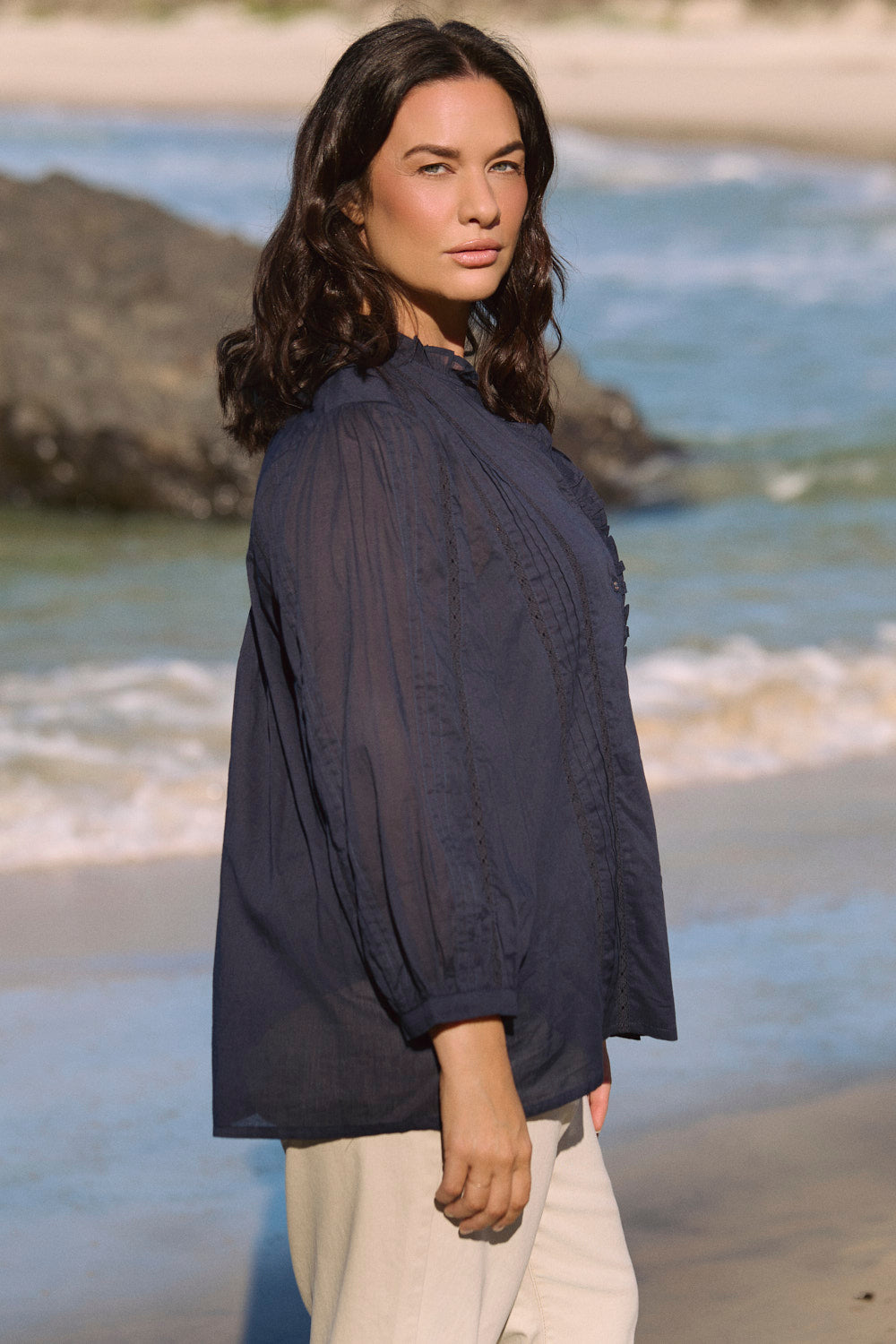 Harper Pintuck Blouse in Navy Lyric