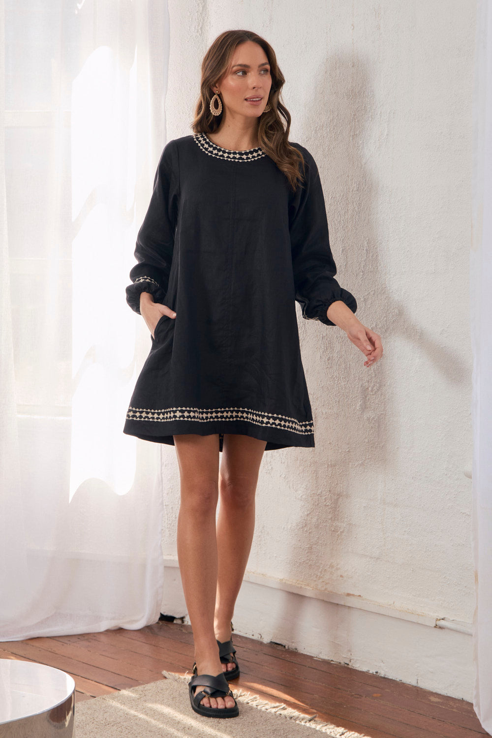 Hazel Linen Short Dress in Moonlit Noir, Short Dress - Adrift Clothing
