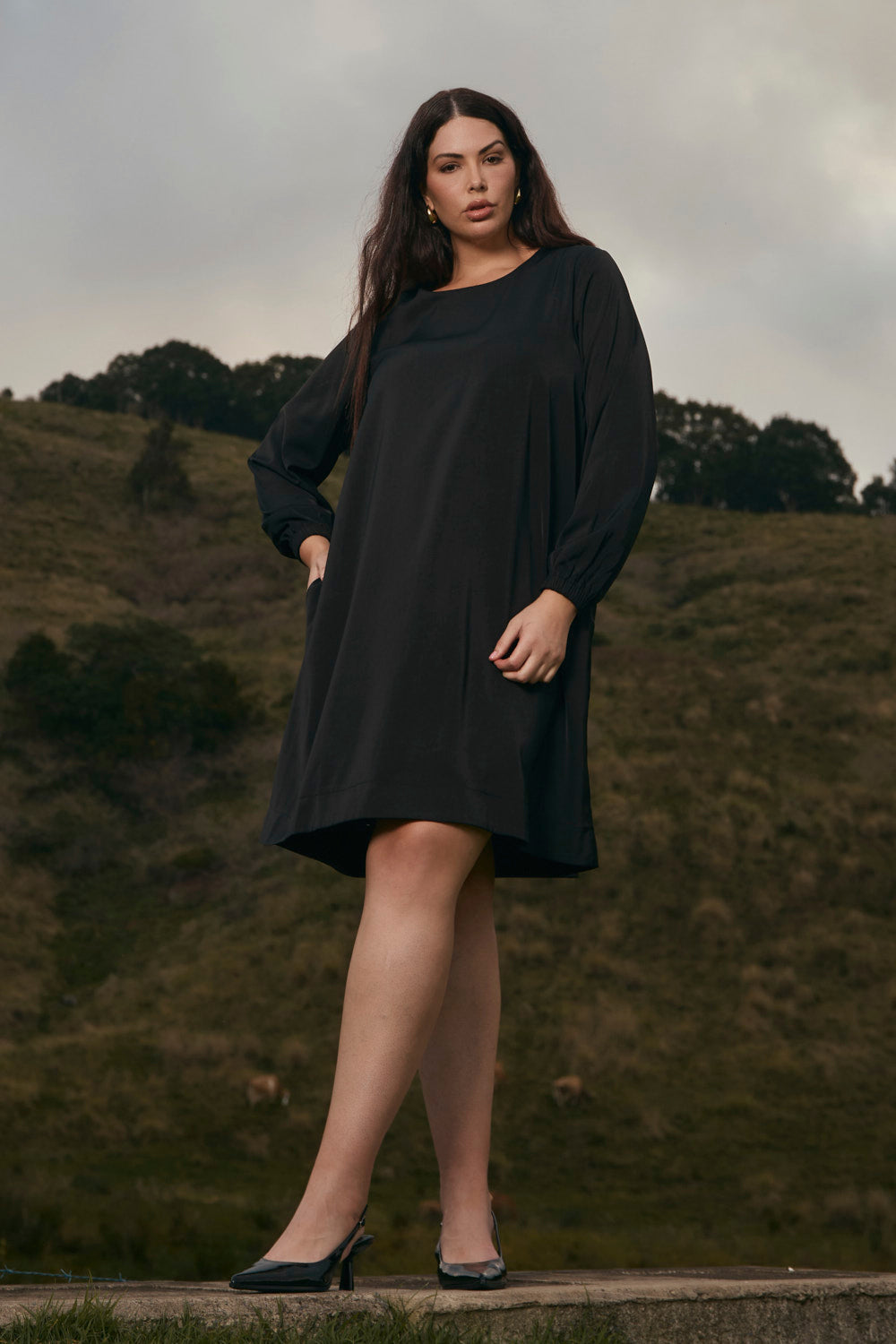 Hazel Long Sleeve Midi Dress in Black, Short Dress - Adrift Clothing