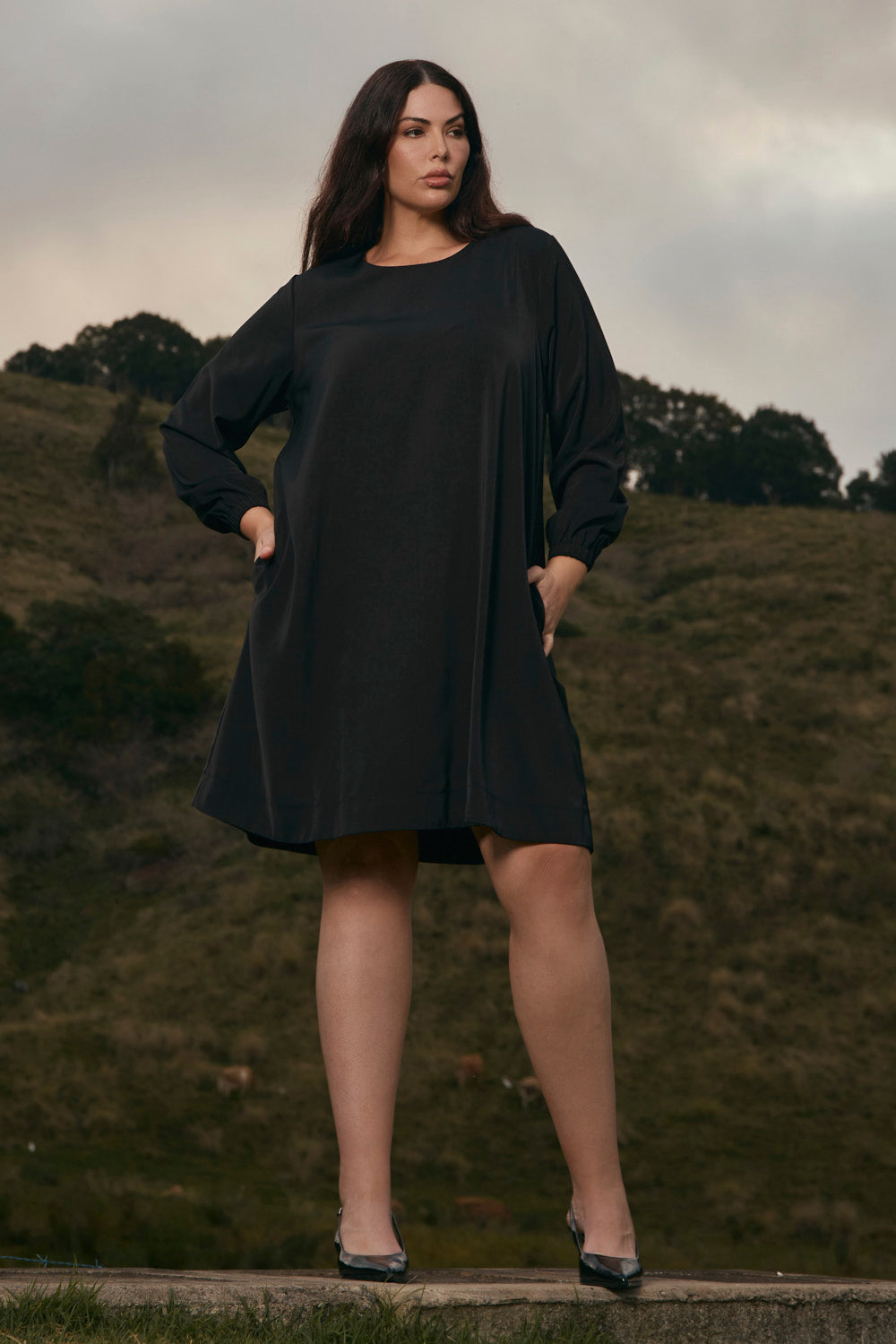 Hazel Long Sleeve Midi Dress in Black, Short Dress - Adrift Clothing