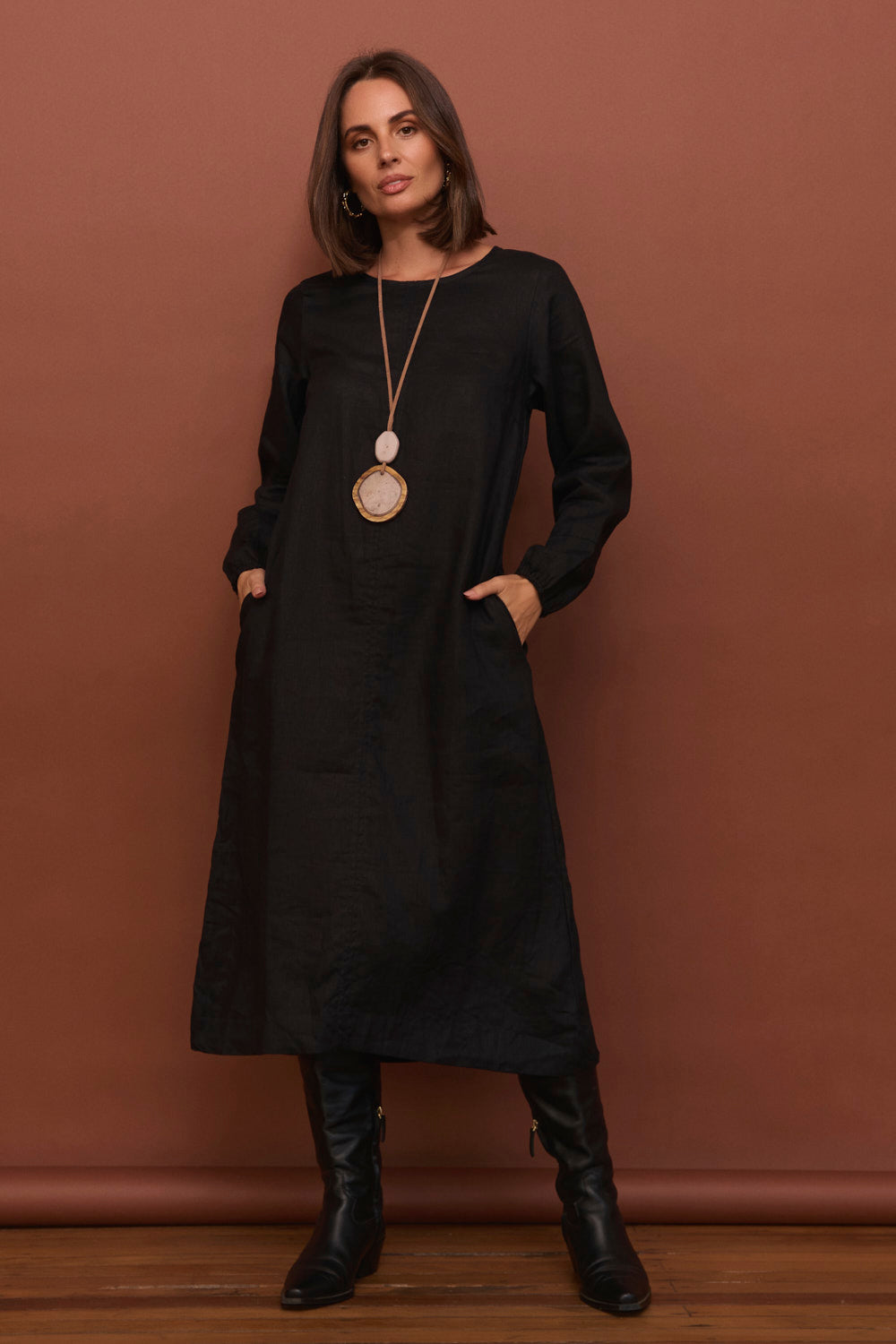 Hazel Linen Midi Dress in Black, Midi Dress - Adrift Clothing