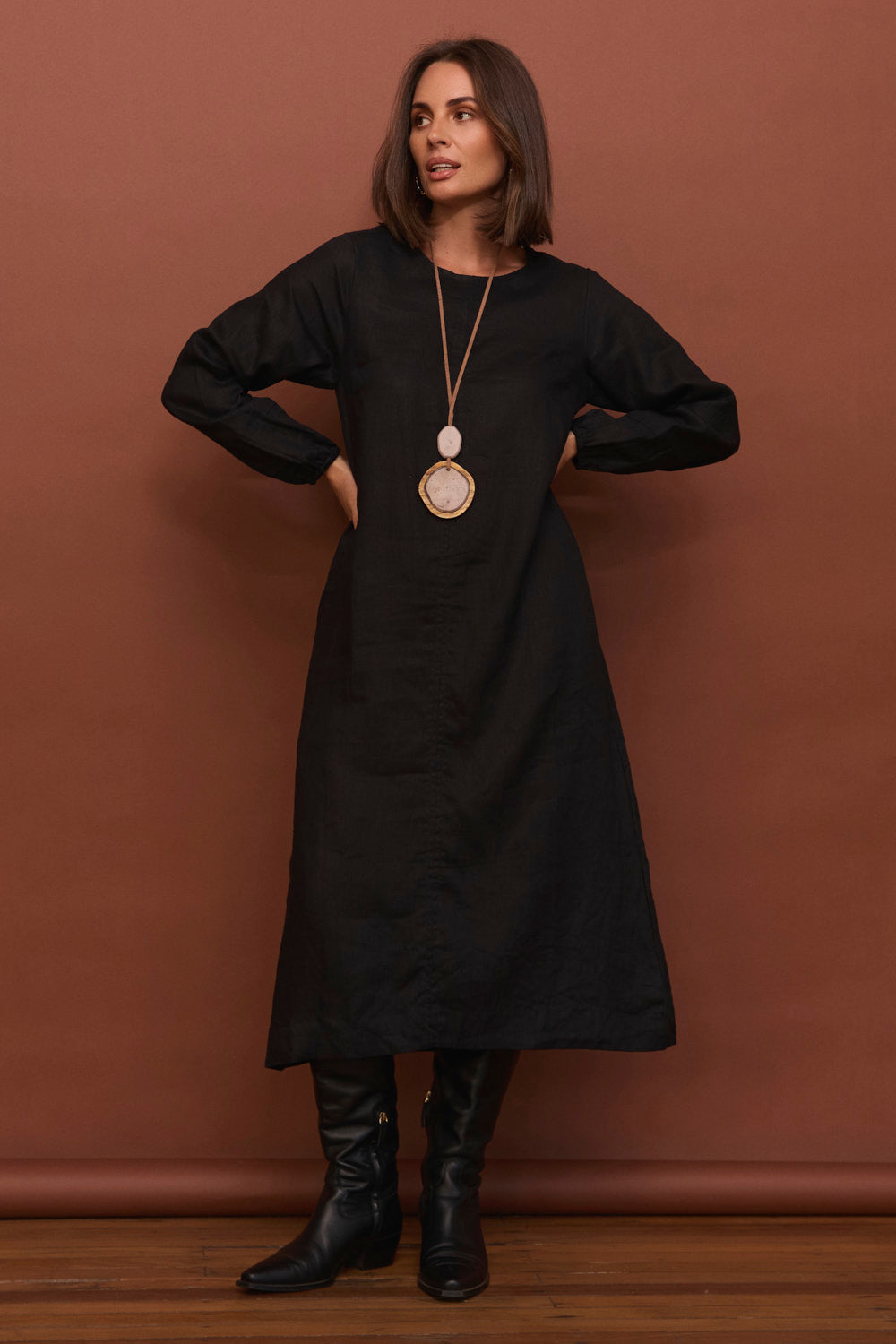 Hazel Linen Midi Dress in Black, Midi Dress - Adrift Clothing