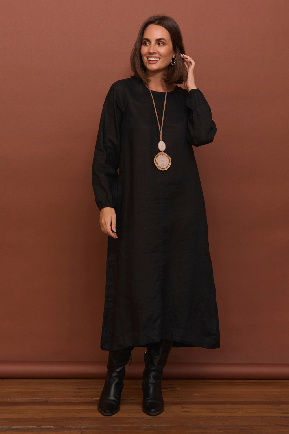 Hazel Linen Midi Dress in Black