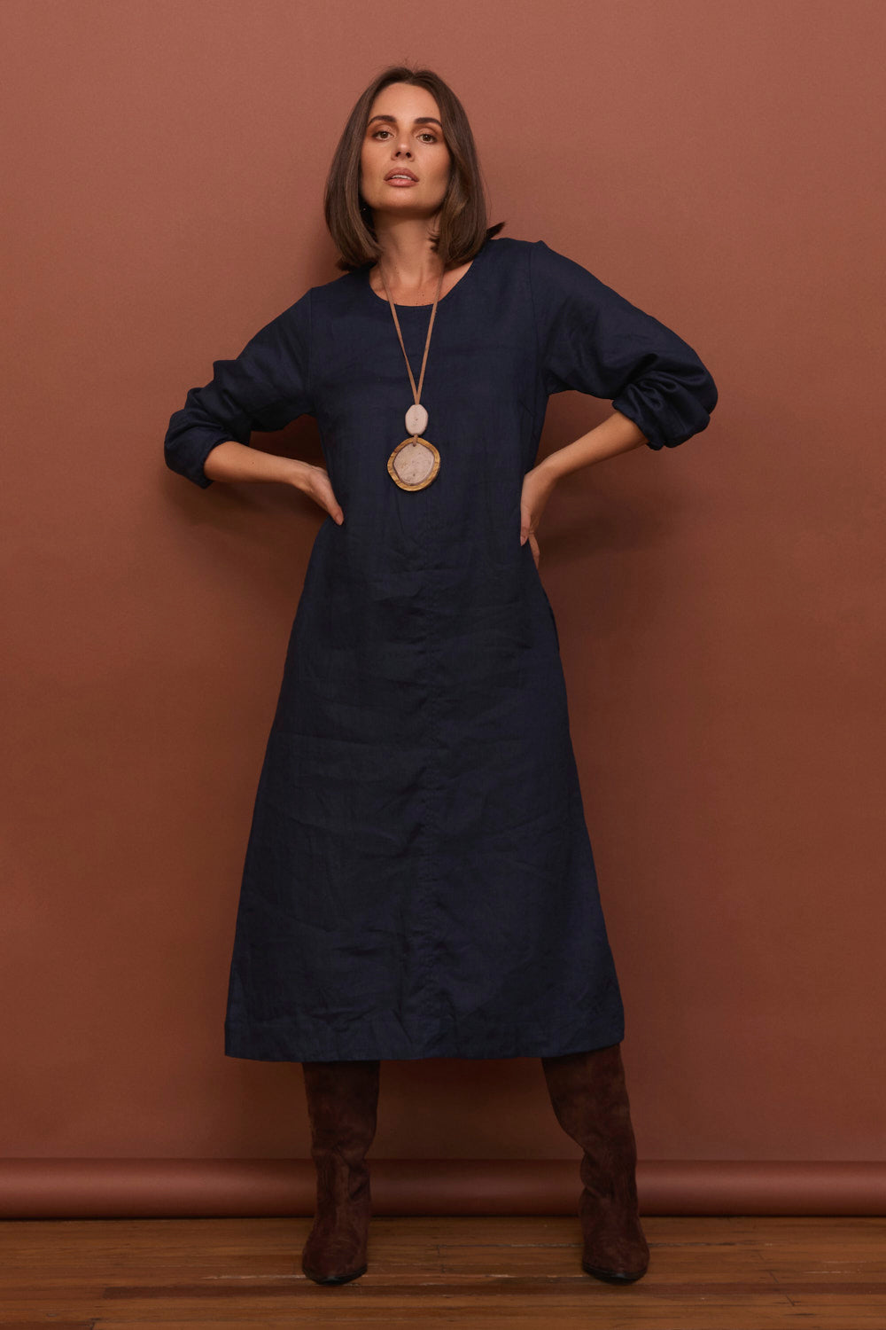 Hazel Linen Midi Dress in Navy