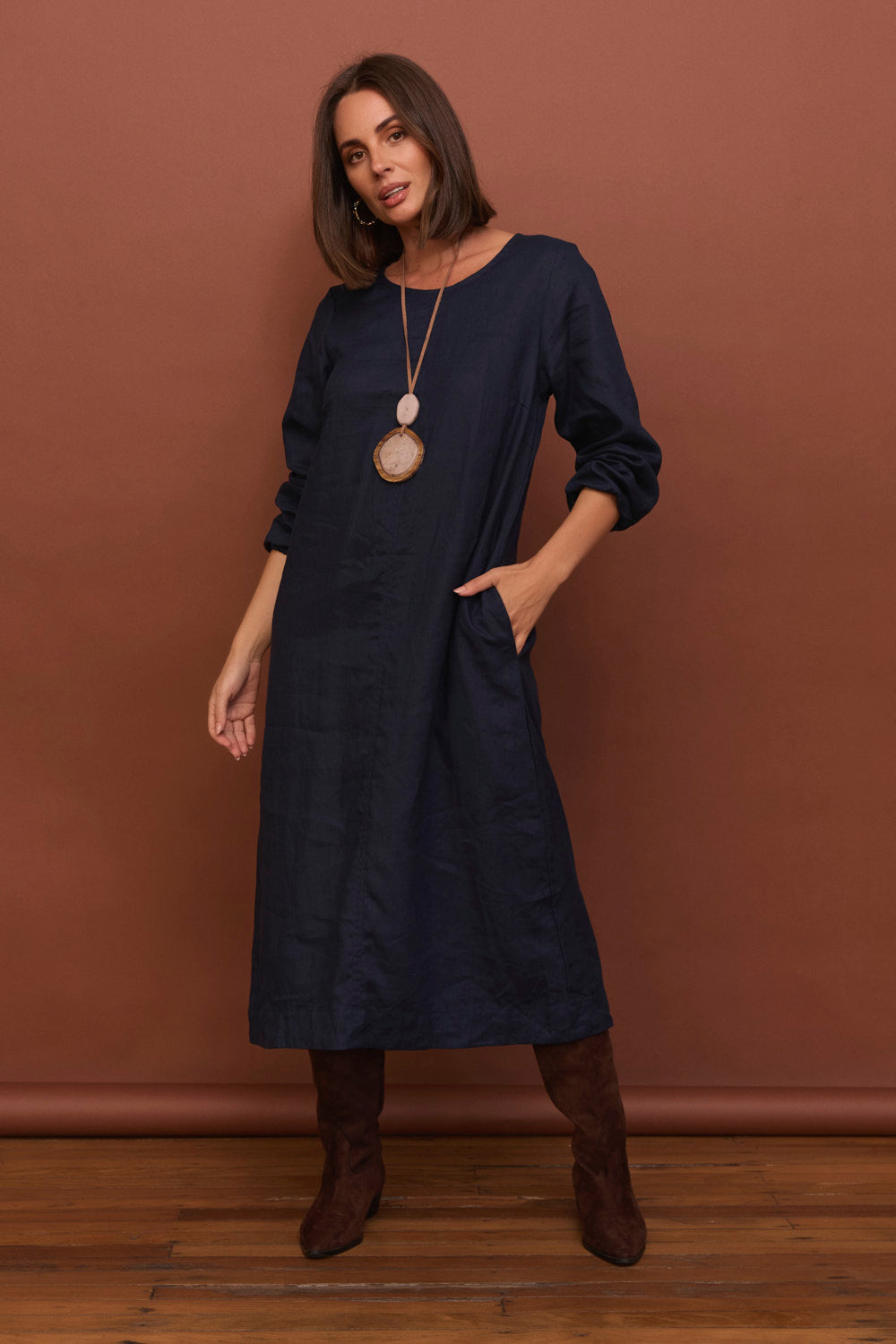 Hazel Linen Midi Dress in Navy