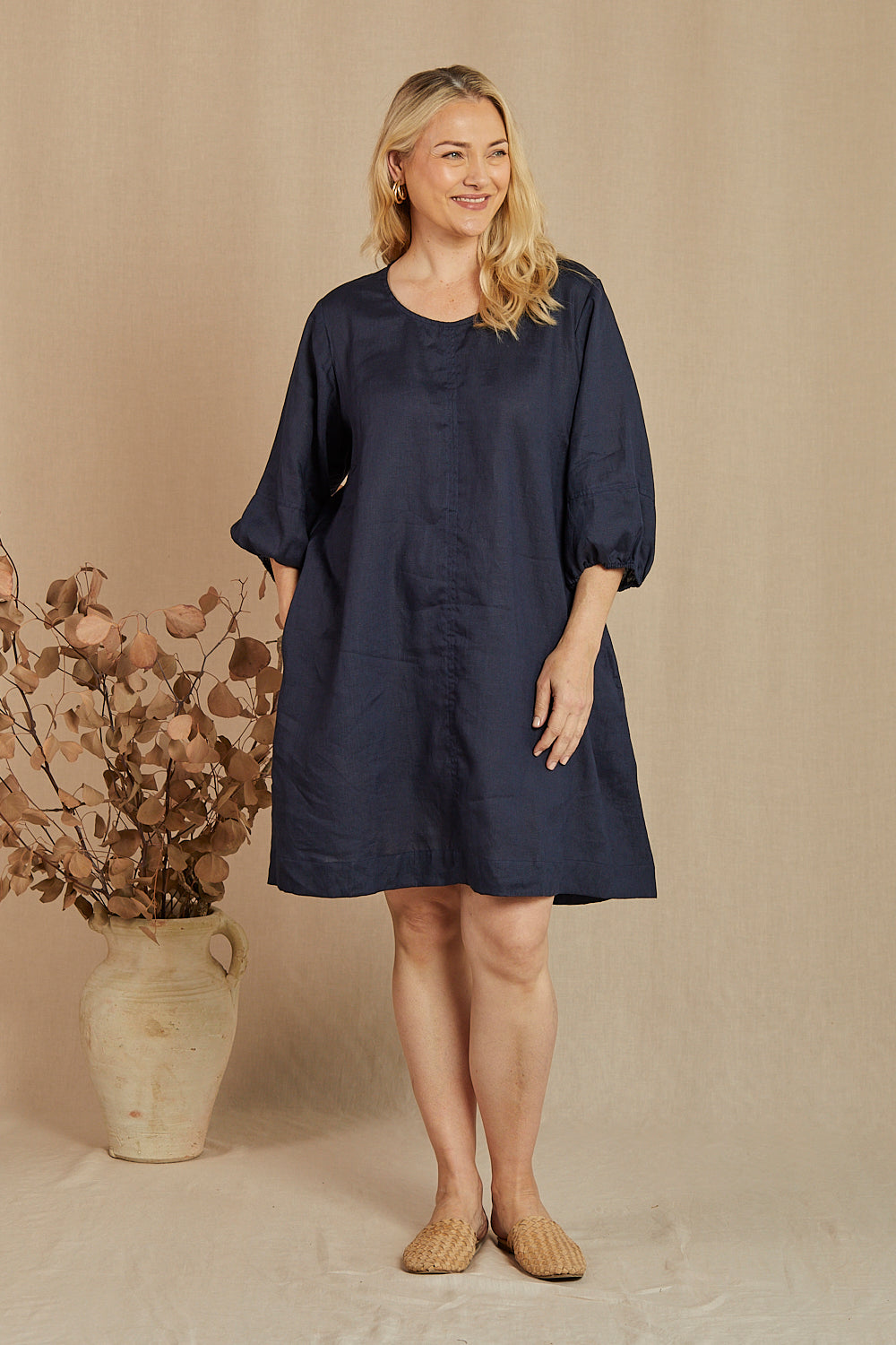 Hazel Short Linen Shift Dress in Navy Adrift Clothing