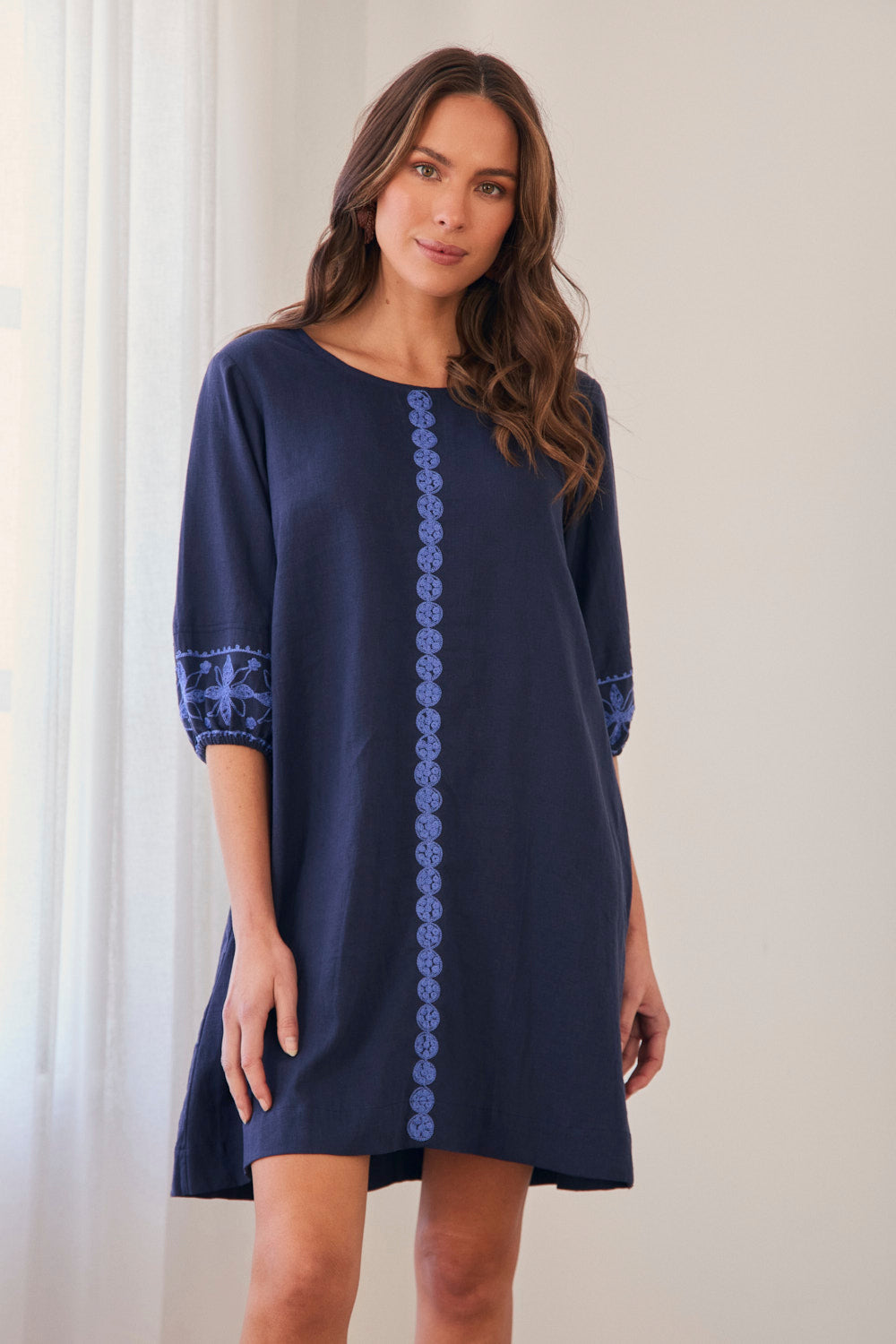 Hazel Short Shift Dress in Navy Old Lace