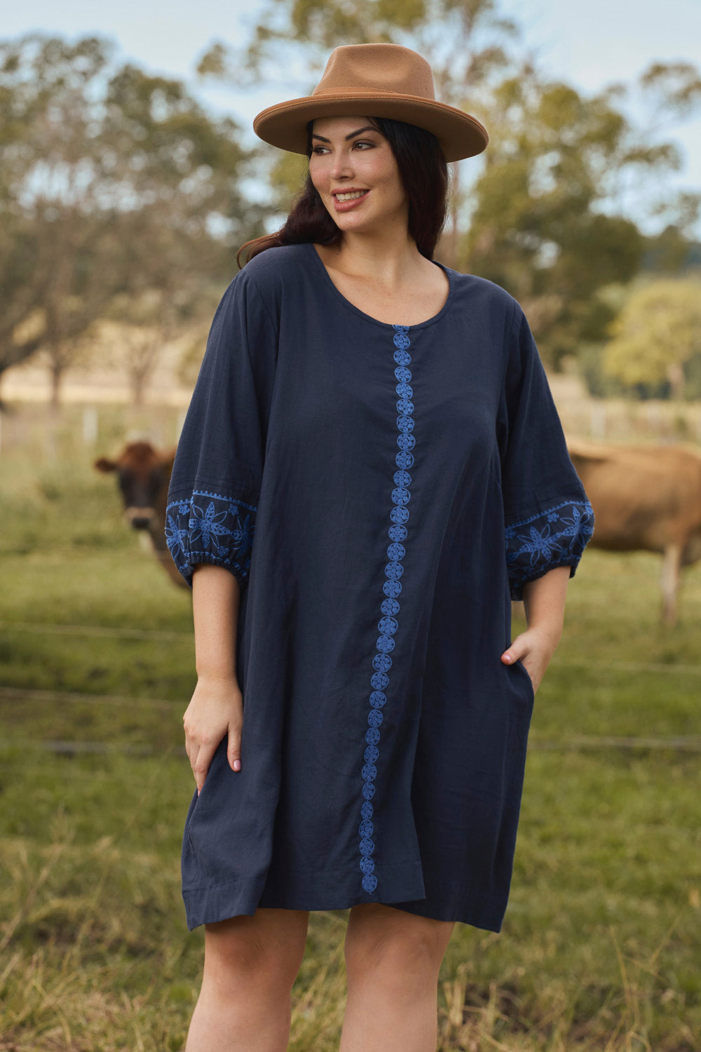 Hazel Short Shift Dress in Navy Old Lace