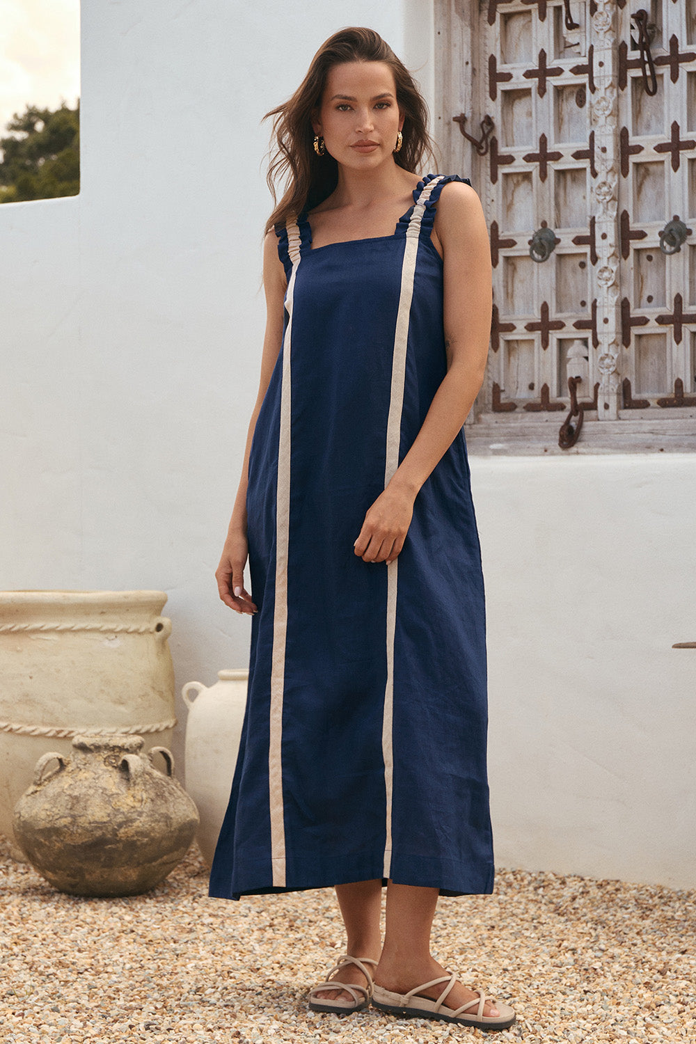 Claire Linen Frill Sun Dress in Natural Splice