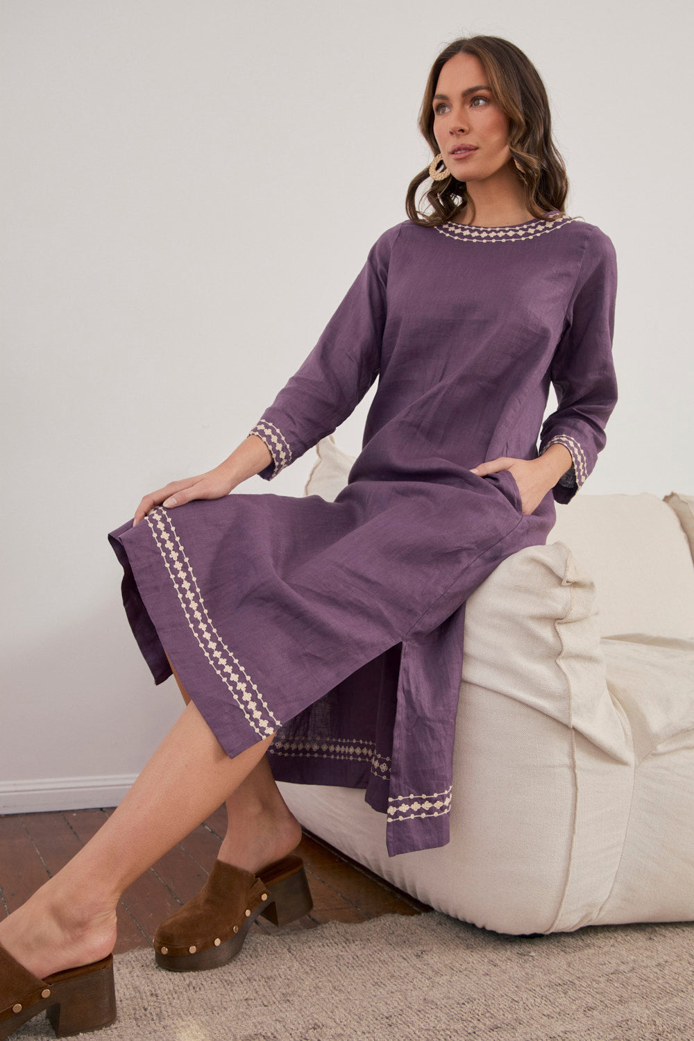 Jarla Linen Dress in Merlot Dream, Midi Dress - Adrift Clothing