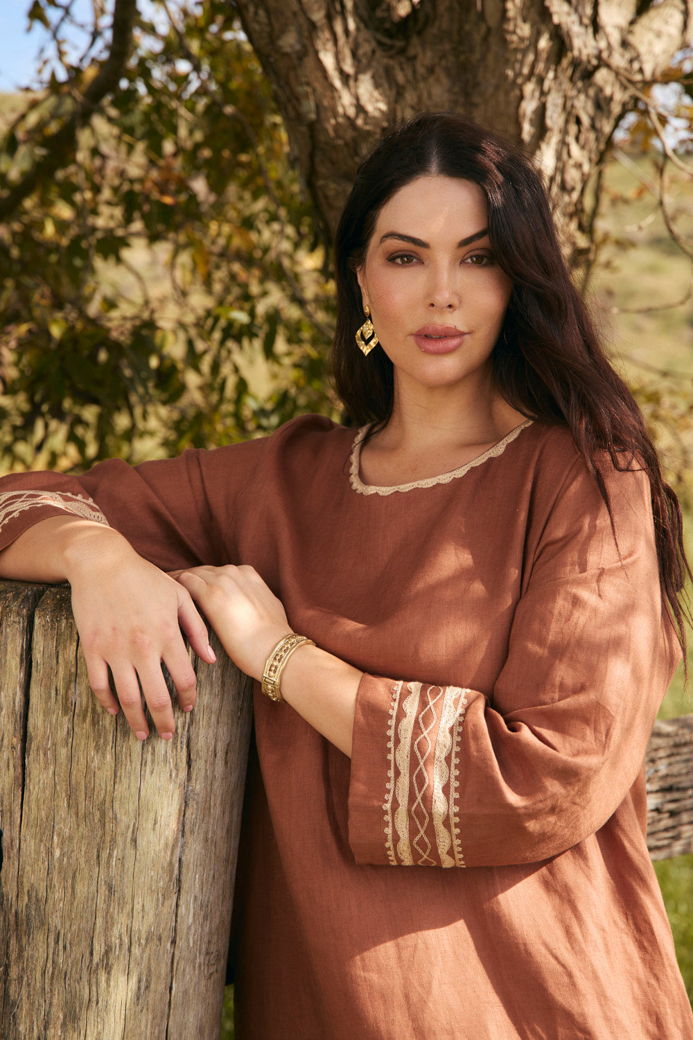 Jarla Linen Dress in Rum Caramel, Midi Dress - Adrift Clothing