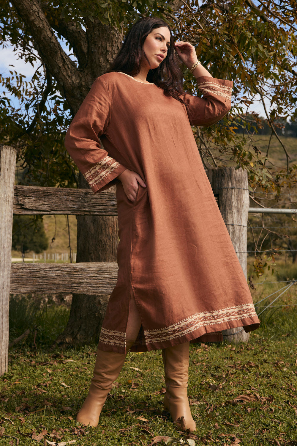 Jarla Linen Dress in Rum Caramel, Midi Dress - Adrift Clothing