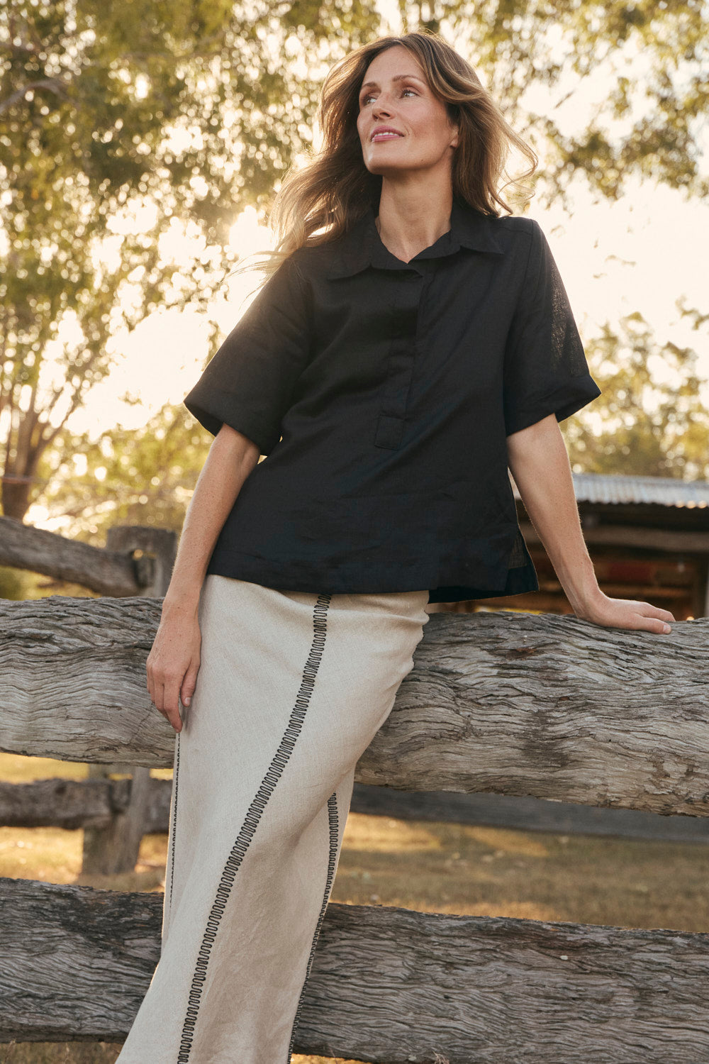 Katie Linen Bias Cut Skirt in Black Splice