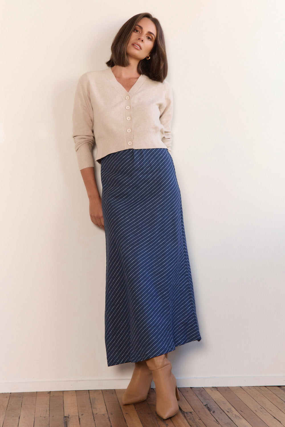 Katie Bias Cut Linen Skirt in Pinstripe