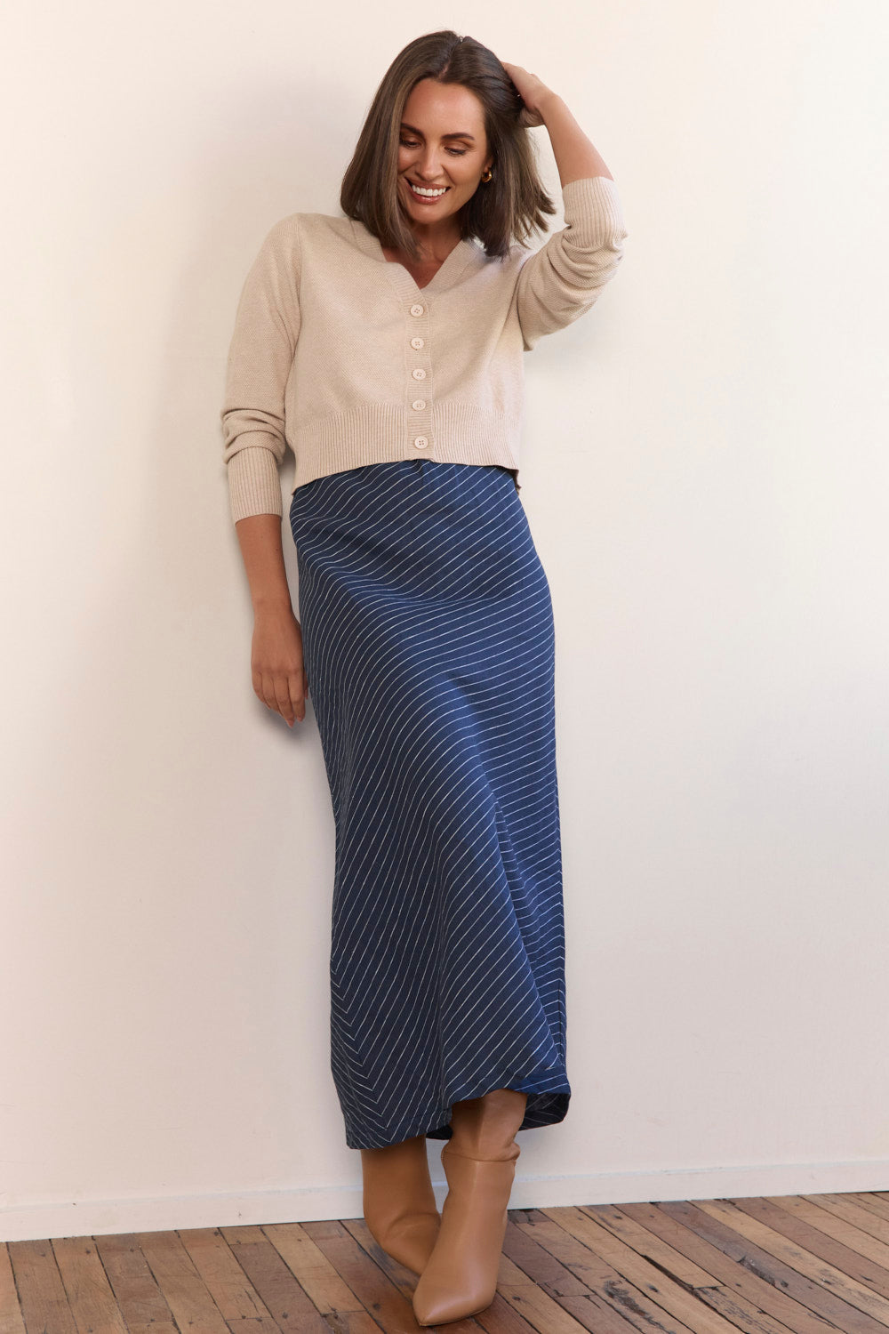 Katie Bias Cut Linen Skirt in Pinstripe