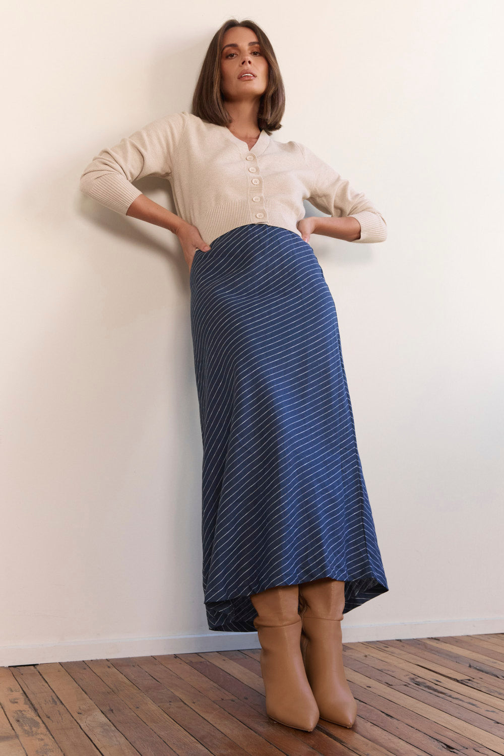 Katie Bias Cut Linen Skirt in Pinstripe