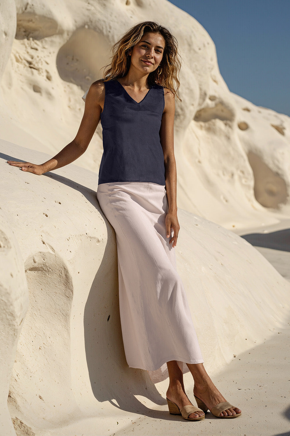 Adrift Katie Bias Cut Skirt in White Linen/ Viscose Blend