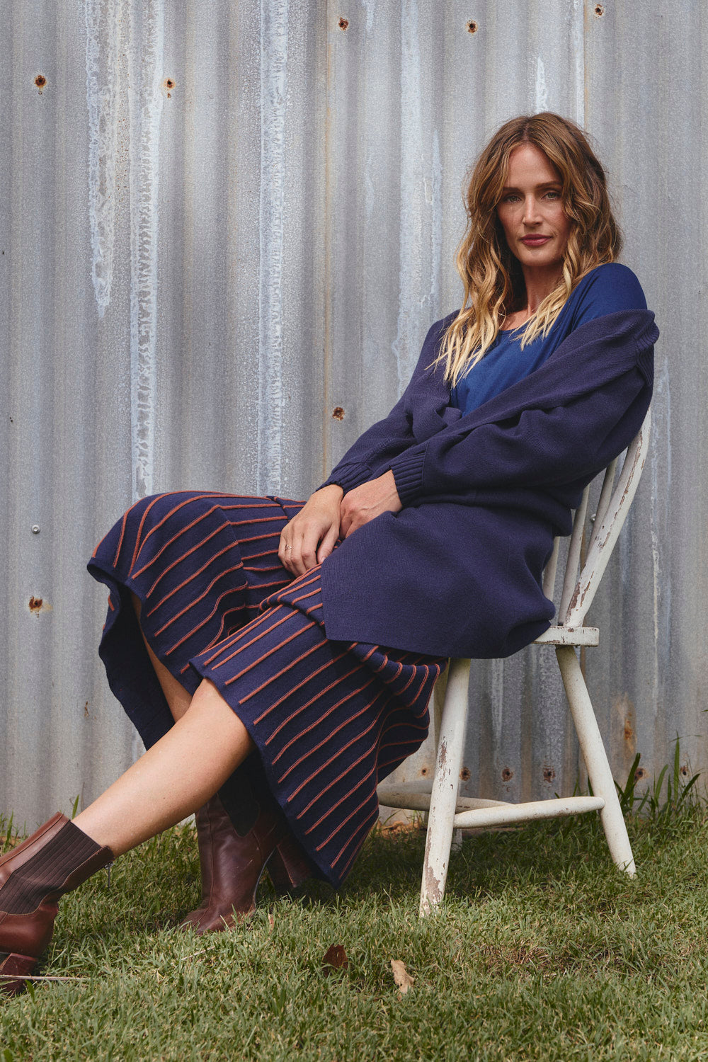 Knitted Long Line Cardigan in Navy, Cardigan - Adrift Clothing
