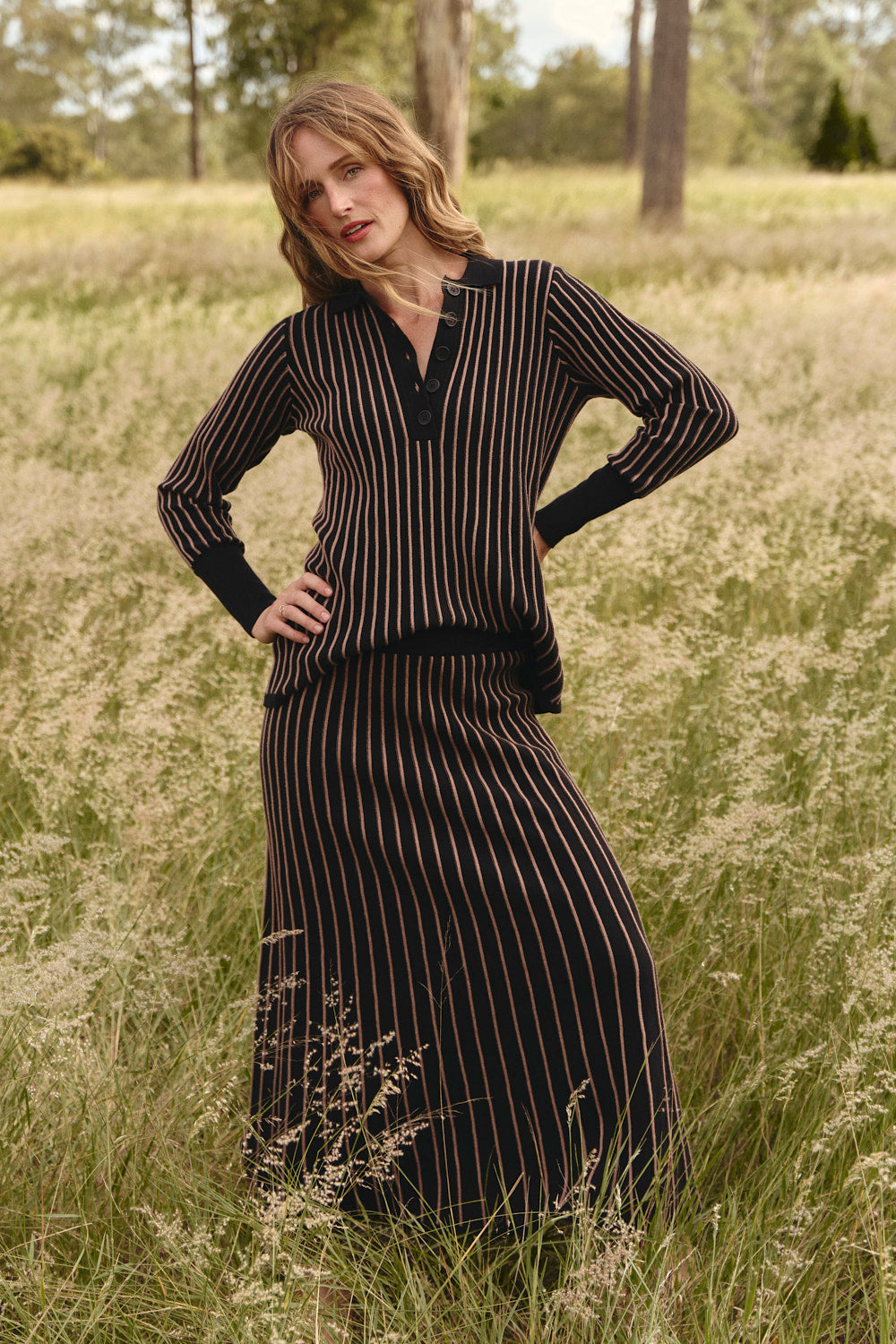 Knitted A-Line Skirt in Black, Midi Skirt - Adrift Clothing