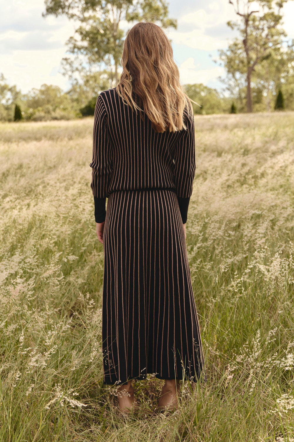 Knitted A-Line Skirt in Black, Midi Skirt - Adrift Clothing