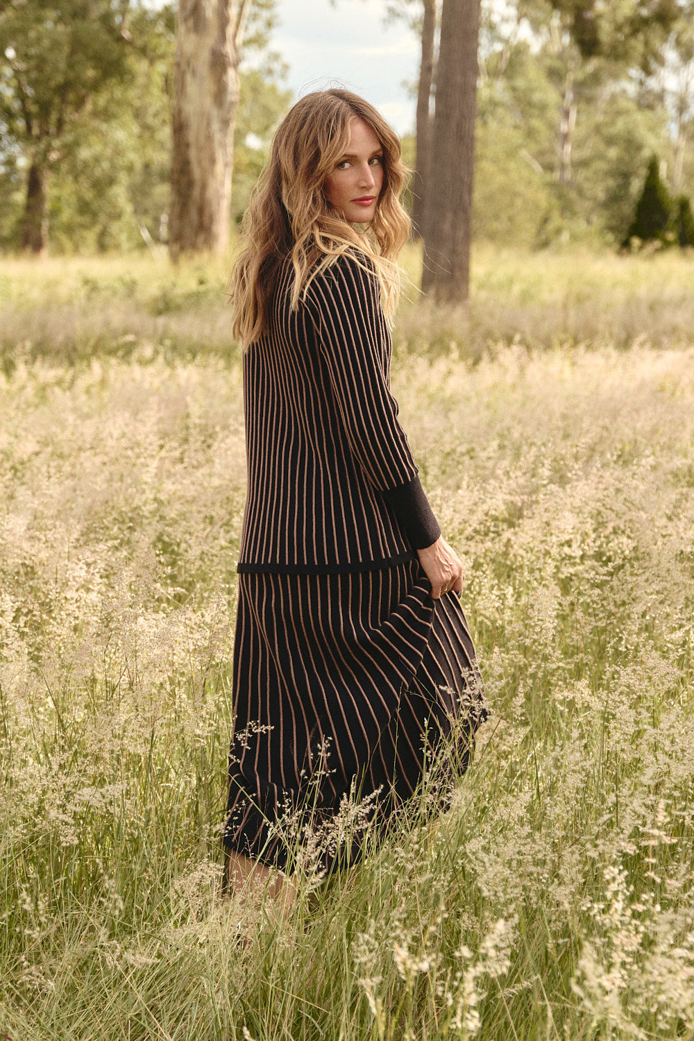 Knitted A-Line Skirt in Black, Midi Skirt - Adrift Clothing