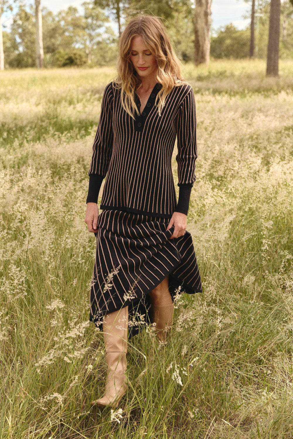 Knitted A-Line Skirt in Black, Midi Skirt - Adrift Clothing