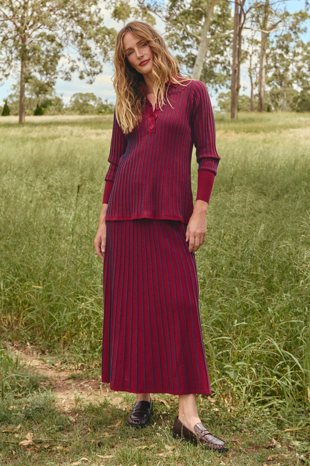 Knitted A-Line Skirt in Cherry Red, Midi Skirt - Adrift Clothing
