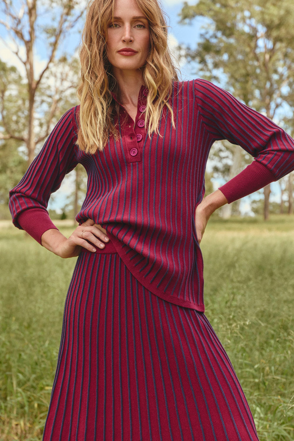 Knitted A-Line Skirt in Cherry Red, Midi Skirt - Adrift Clothing