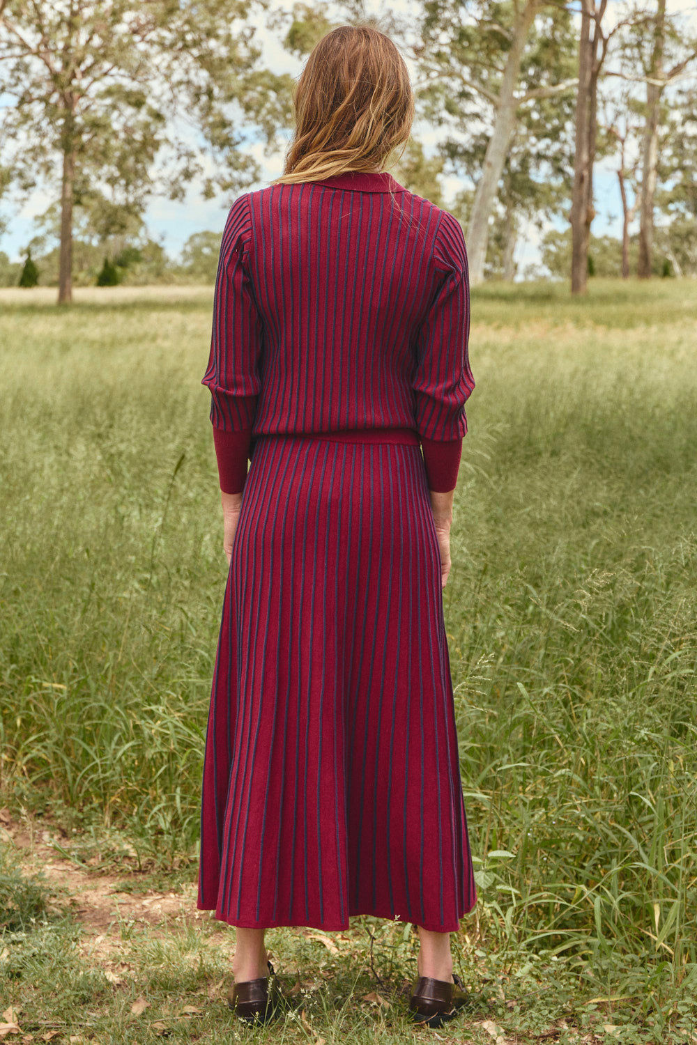 Knitted A-Line Skirt in Cherry Red, Midi Skirt - Adrift Clothing