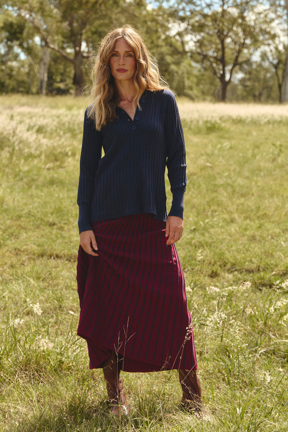 Knitted A-Line Skirt in Cherry Red, Midi Skirt - Adrift Clothing