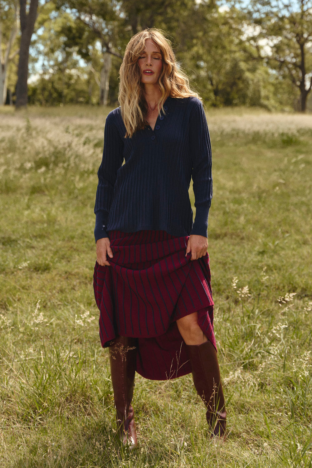 Knitted A-Line Skirt in Cherry Red, Midi Skirt - Adrift Clothing