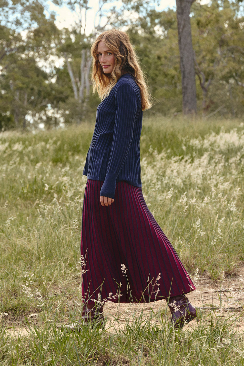 Knitted A-Line Skirt in Cherry Red, Midi Skirt - Adrift Clothing