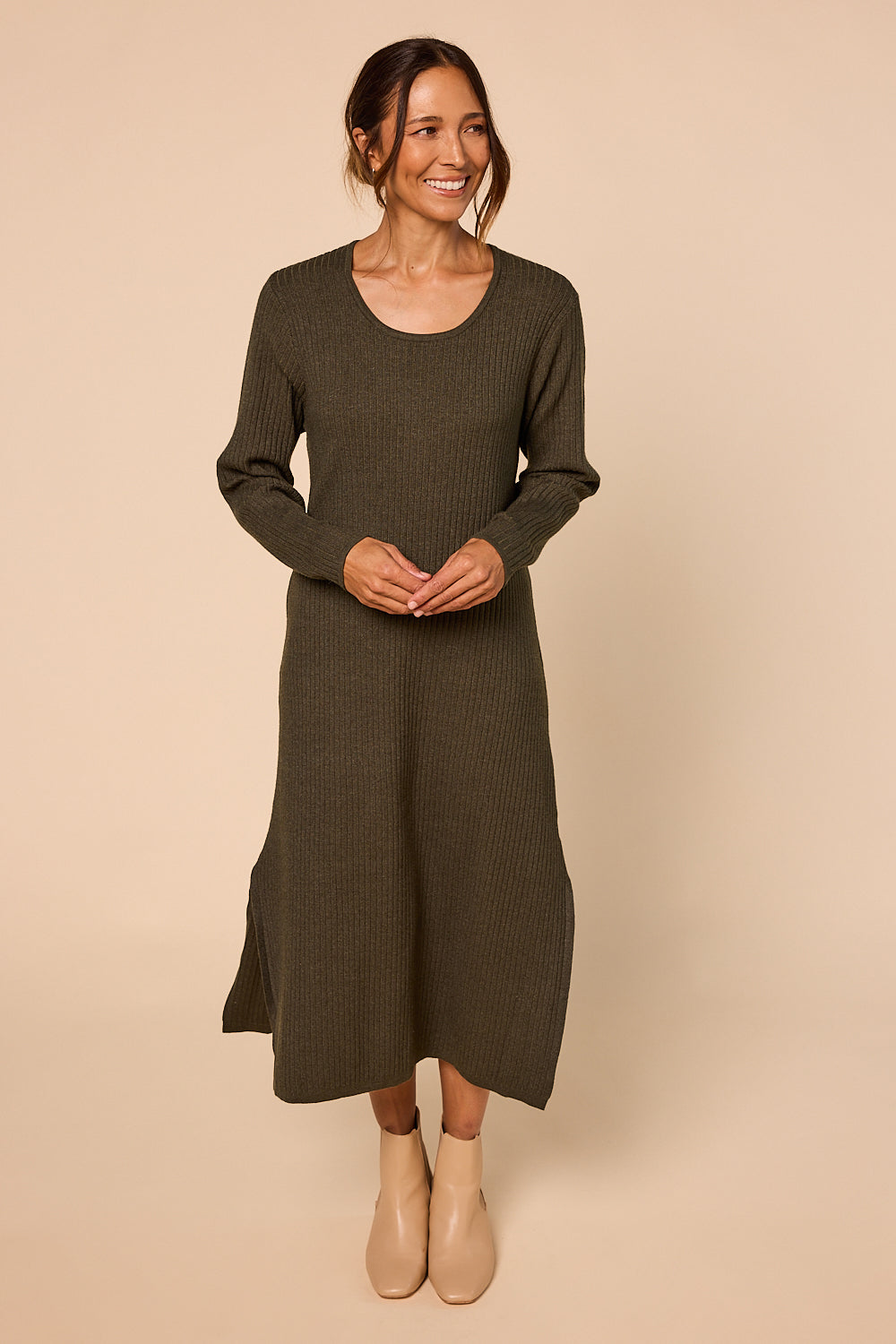 Knitted Straight Dress in Khaki