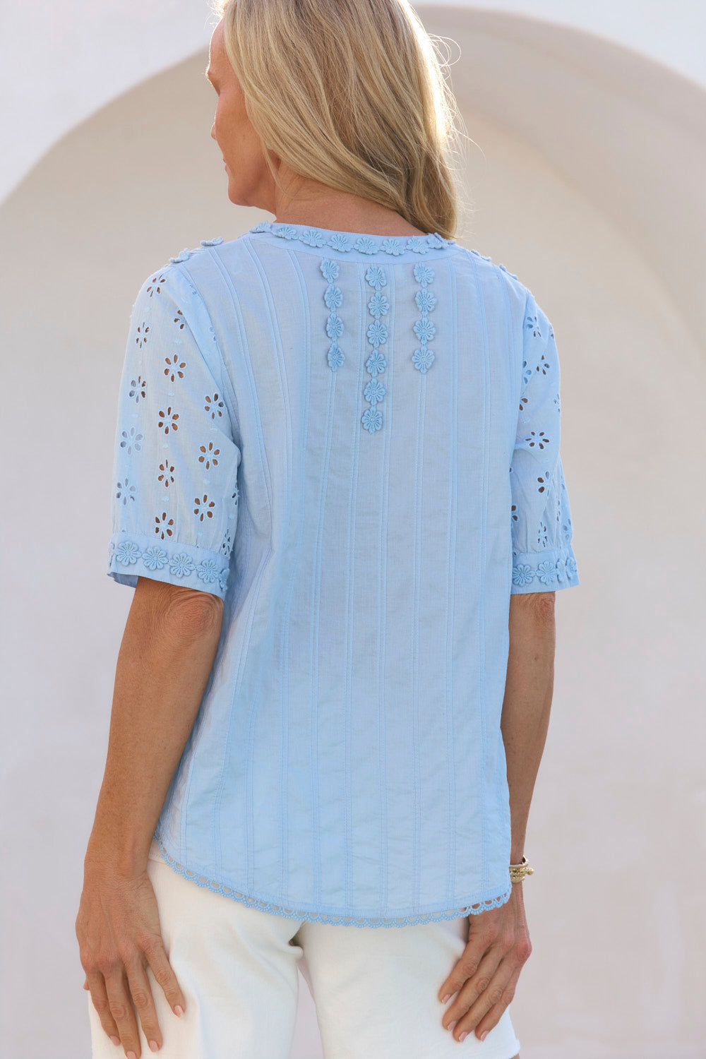 Kora Daisy Embroidered Blouse in Pale Blue