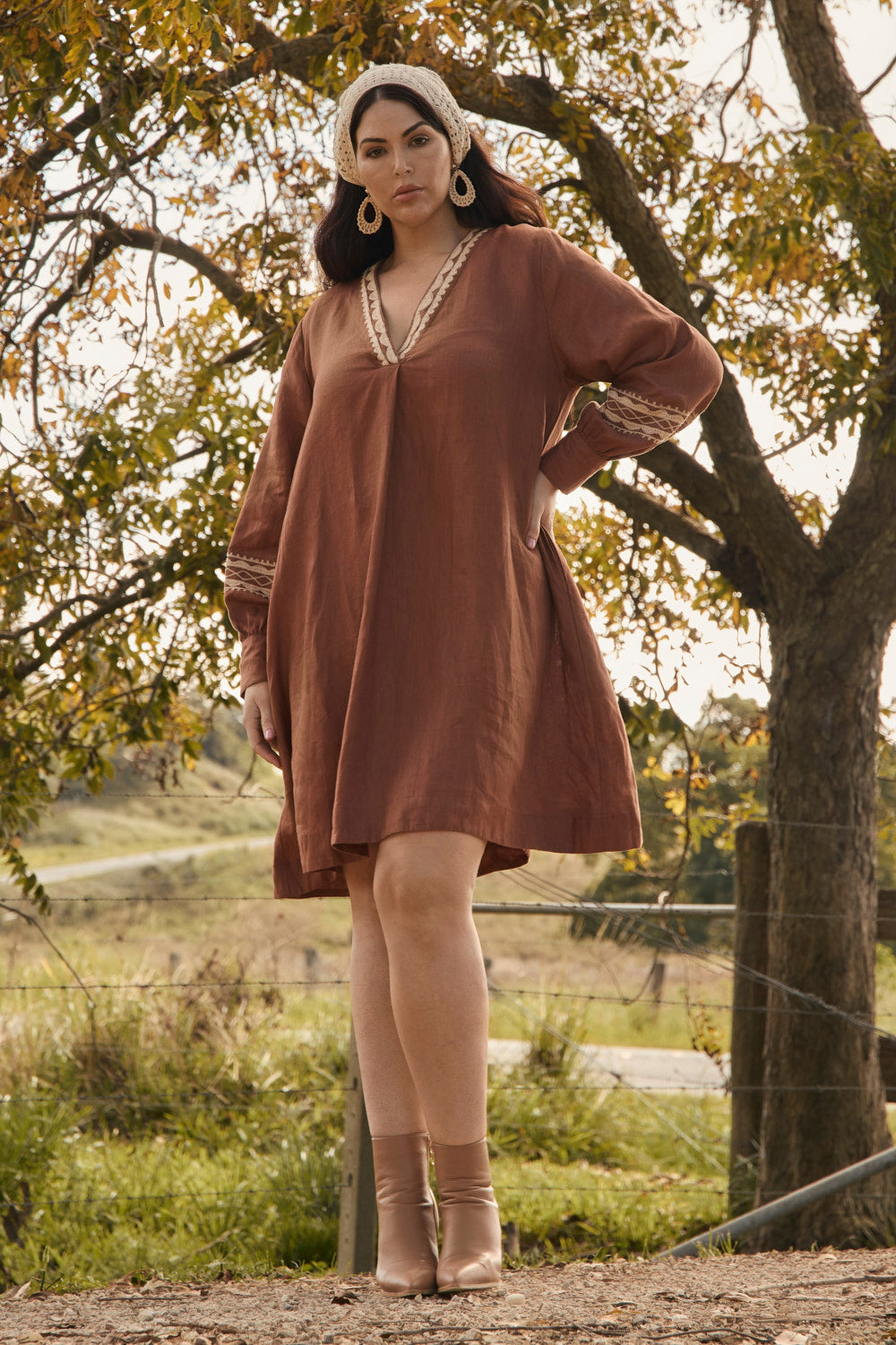 Kora Long Sleeve Linen Dress in Rum Caramel, Midi Dress - Adrift Clothing