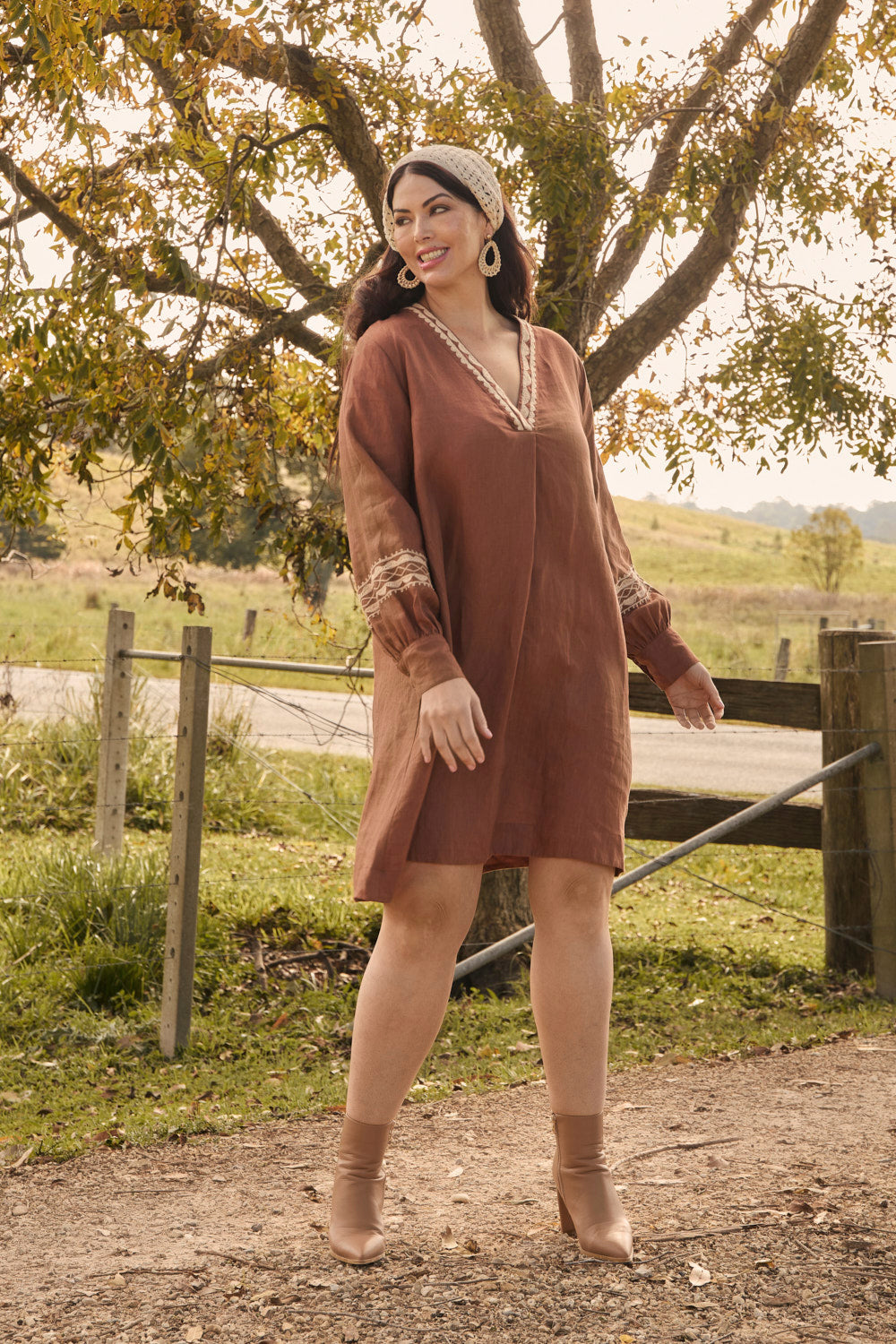 Kora Long Sleeve Linen Dress in Rum Caramel
