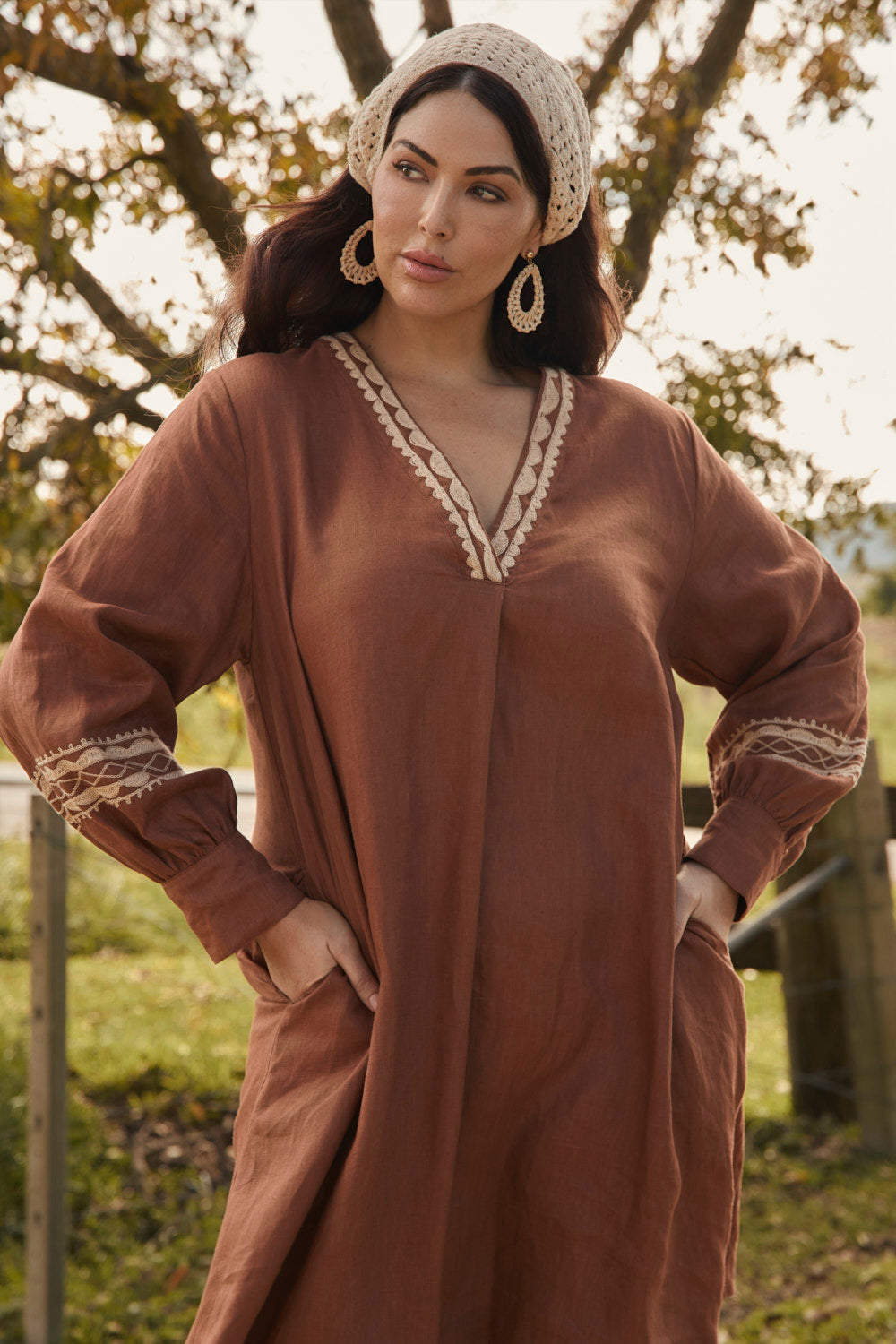 Kora Long Sleeve Linen Dress in Rum Caramel, Midi Dress - Adrift Clothing