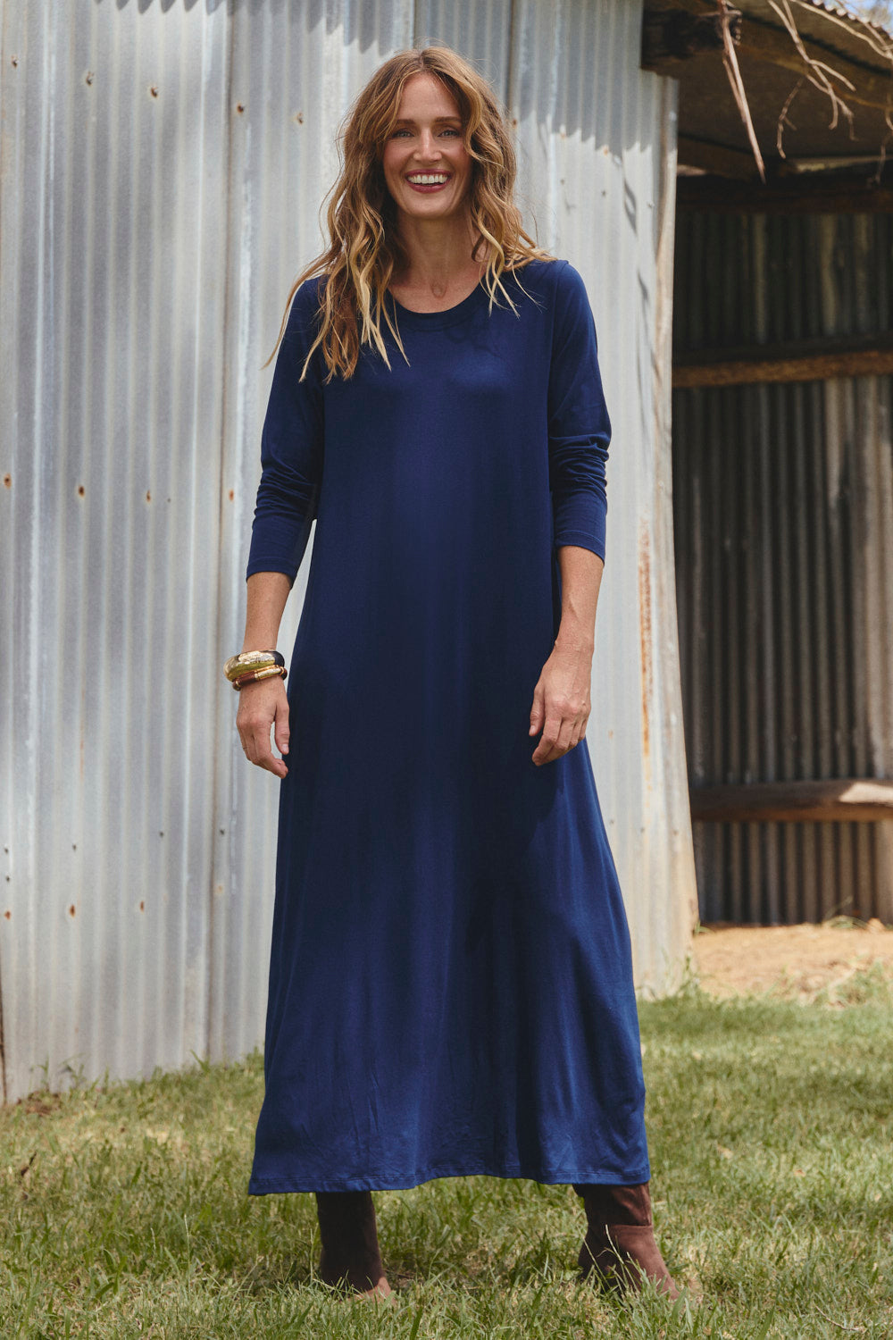 Long Sleeve Swing Dress in Navy, Midi Dress - Adrift Clothing