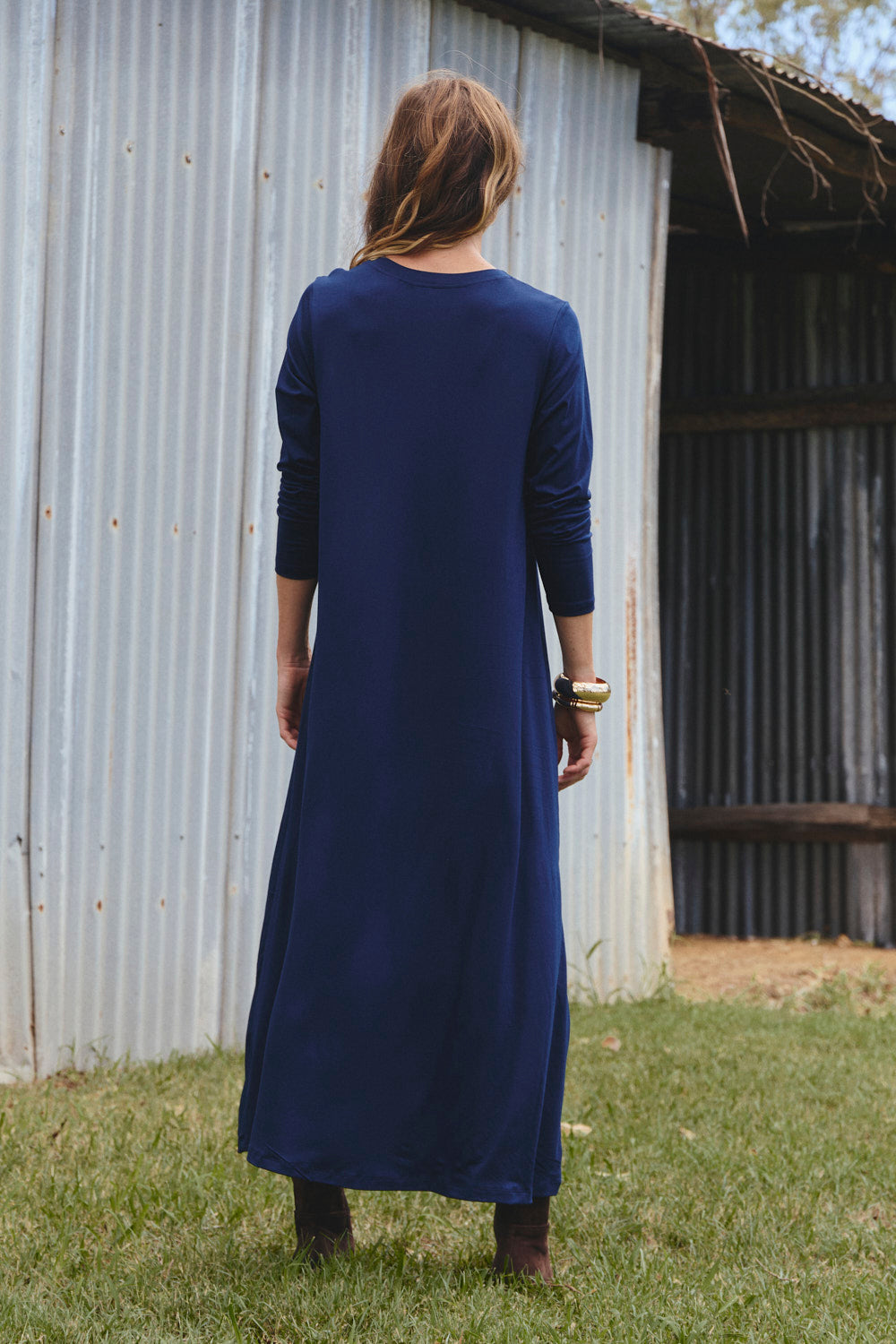 Long Sleeve Swing Dress in Navy, Midi Dress - Adrift Clothing
