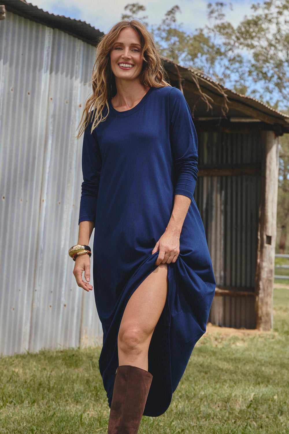 Long Sleeve Swing Dress in Navy, Midi Dress - Adrift Clothing