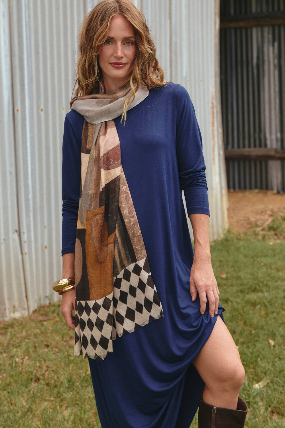 Long Sleeve Swing Dress in Navy, Midi Dress - Adrift Clothing