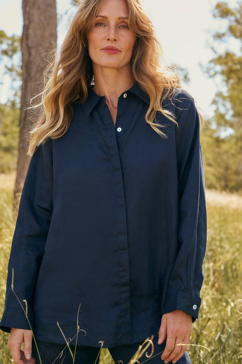 Oversized Linen Boyfriend Shirt in Navy