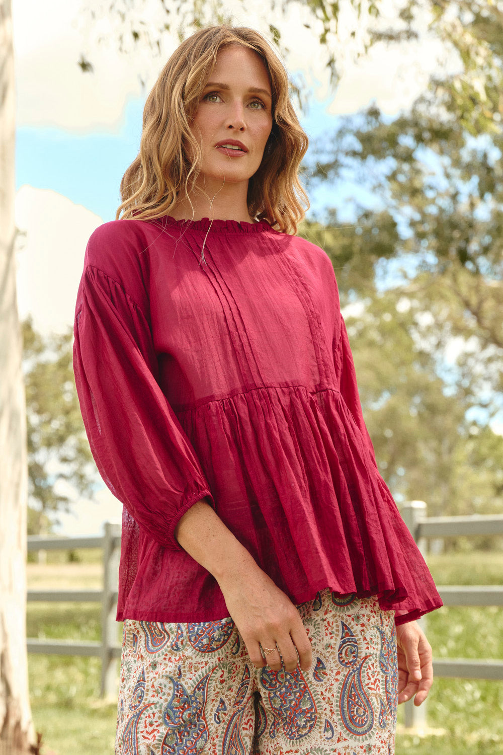 Coco Cotton Silk Blouse in Scarlet, reversible style with button-down front option, Adrift