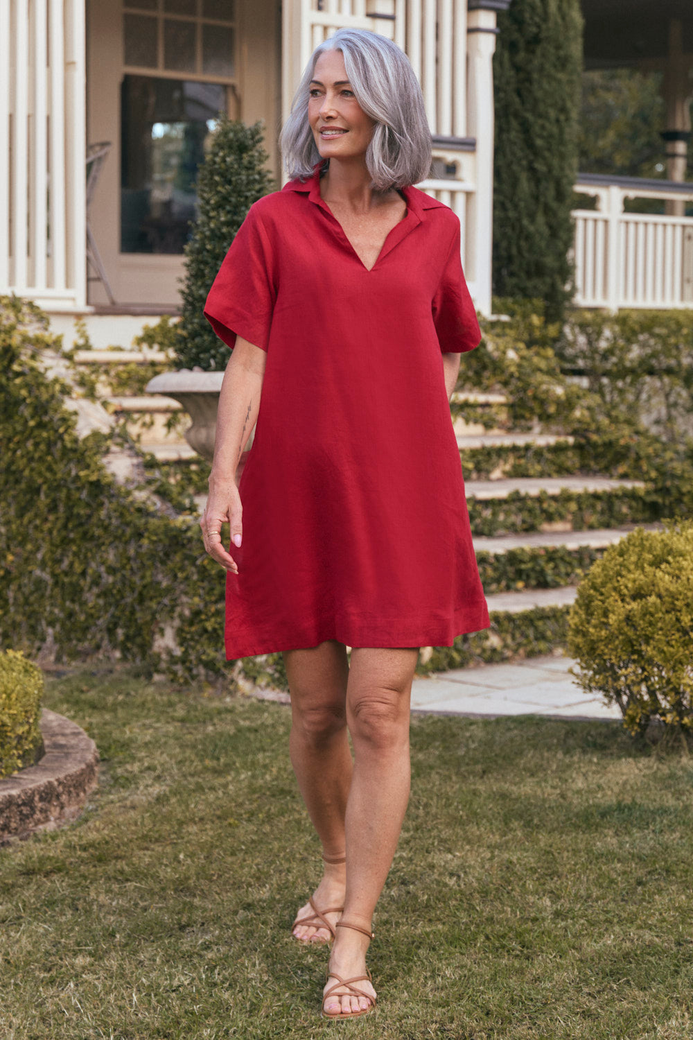 Leni Linen Short Collared Dress in Chilli