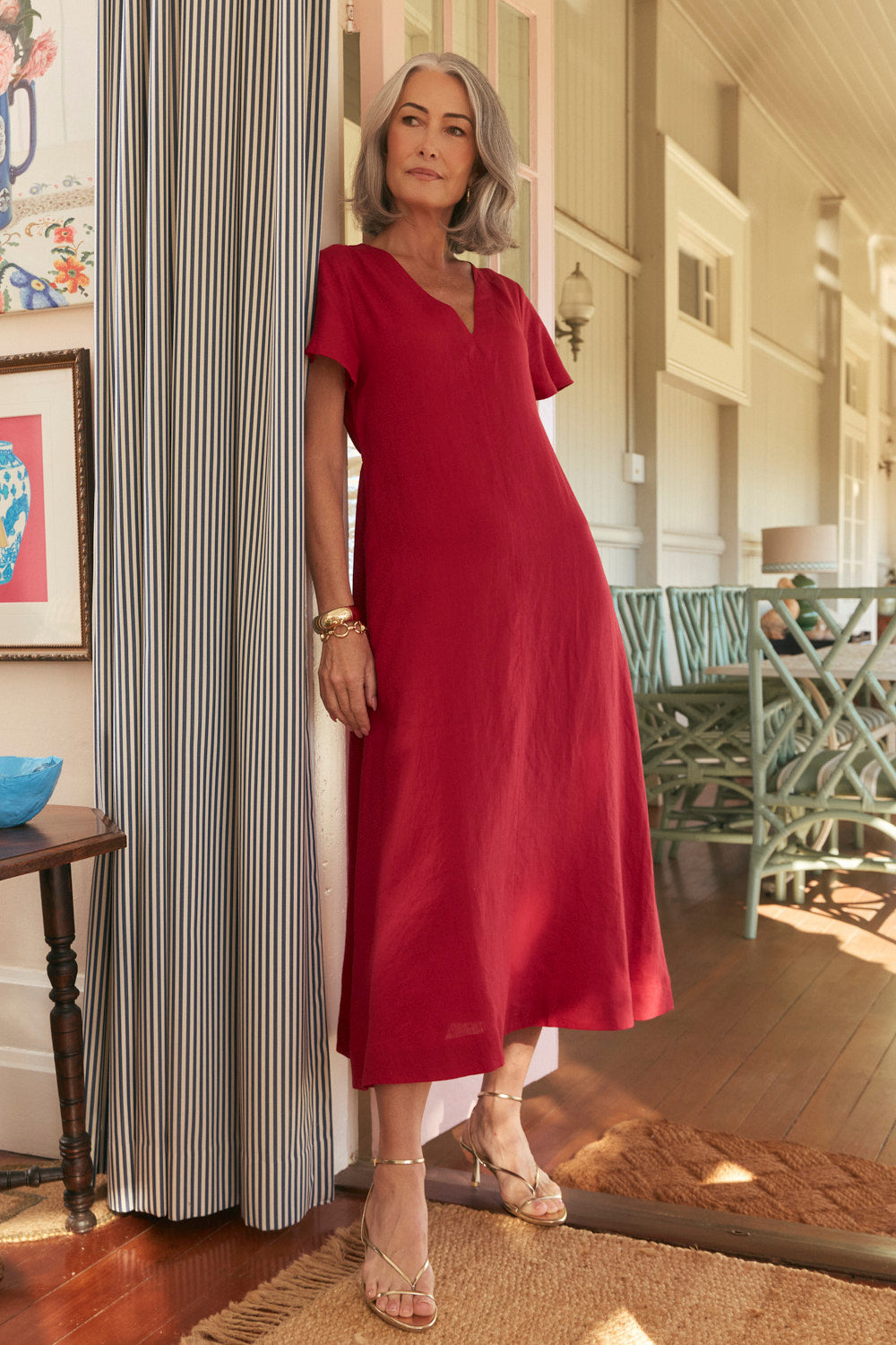 Tatum Linen Flutter Sleeve Dress in Chilli